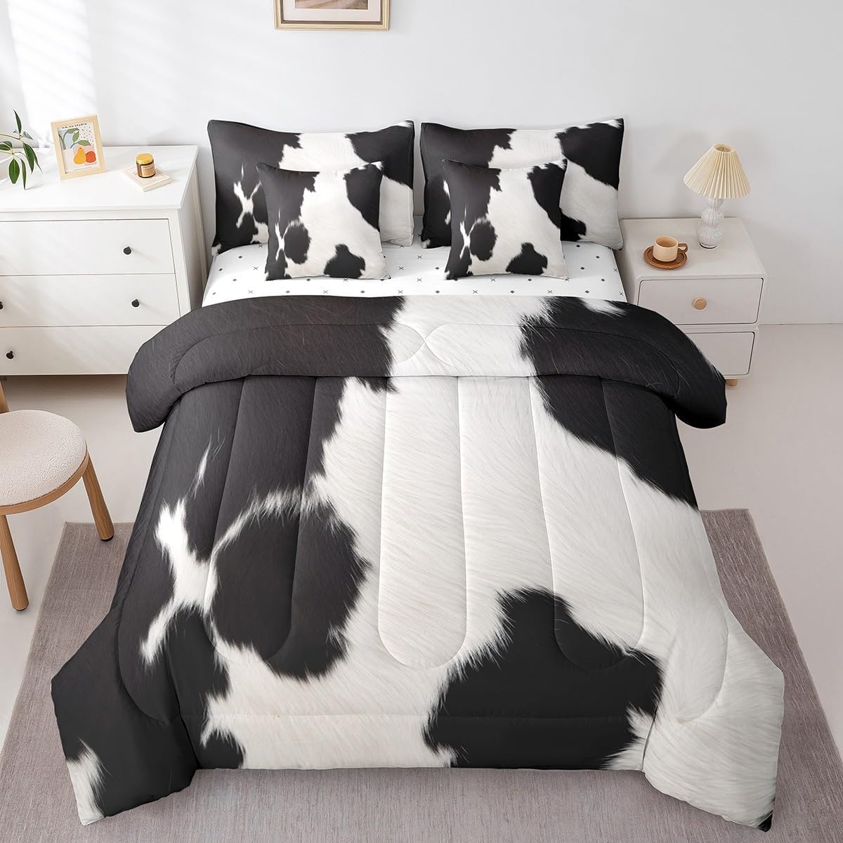Feelyou Cow Fur Print Comforter Set 7 Piece Twin Size for Kids Adults Cabin Farmhouse Cowhide Bedding Set Western Bedding Twin Comforter Set Boys Bed Set with Sheets, Pillowcases, Pillow Covers
