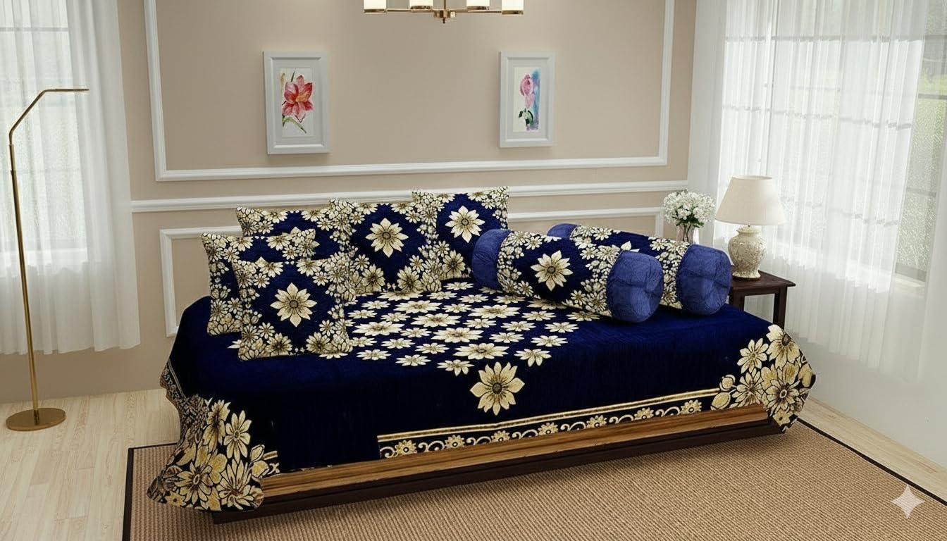 FRESH FROM LOOM 500 Tc Premium Chenille Velvet Fabric Diwan Set - 8pc Set;Size Single Bed, Blue Color