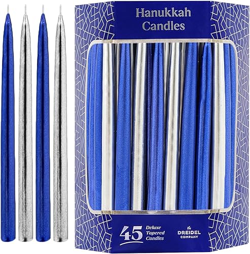 The Dreidel Company - Velas metálicas azules y plateadas sin goteo de Janucá, 45 velas prémium cónicas decoradas a mano para Janucá, 1 hora de