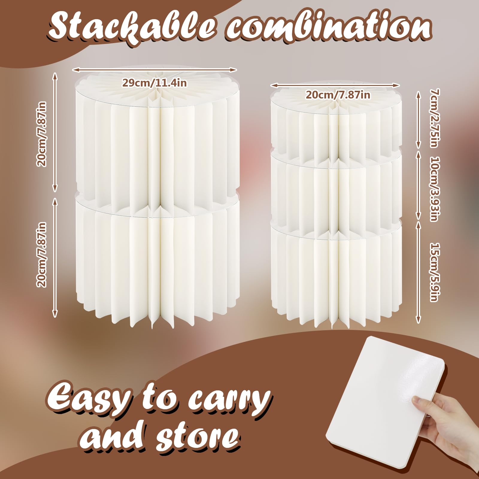 Lot de 8 supports cylindriques en papier blanc avec cartes de présentation et assiettes en acrylique, pliables, pour fête, mariage, anniversaire (4 tailles)