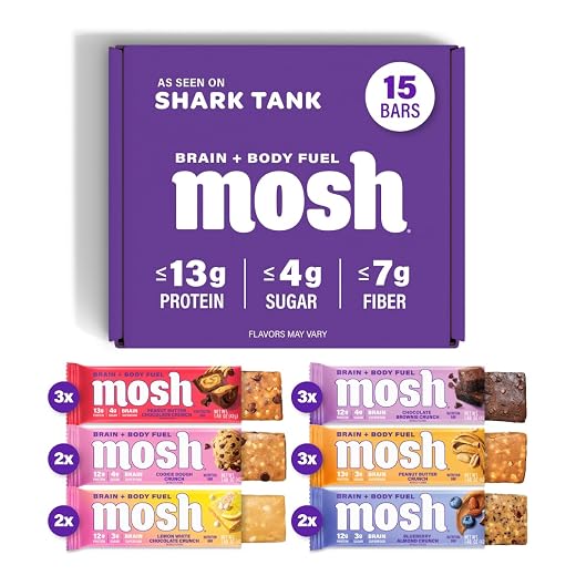 MOSH Variety Pack Protein Bars, Keto Snack, Gluten-Free, No Added Sugar, 12g Whey Protein, Lion's Mane, B12 Vitamins, Supports Brain Health, Workout Recovery, Breakfast To-Go (15 Bars)