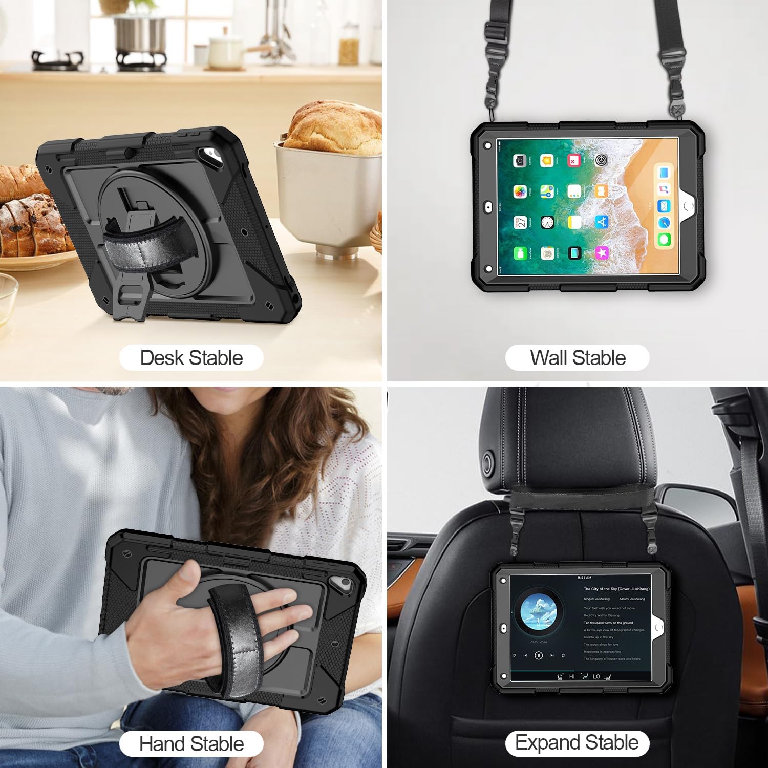 MENZO Shockproof Case for iPad 5th Gen/6th Gen/Air 2/Pro 9.7-inch with 360° Swivel Stand, Pencil Holder, Detachable Hand and Shoulder Strap, Black - Image 5