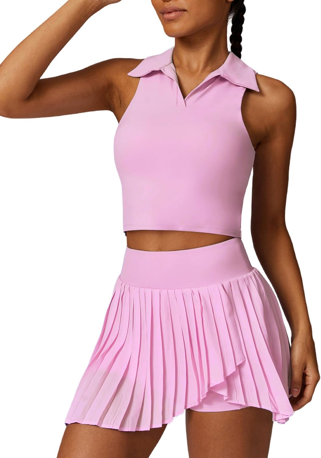2 Piece Tennis Dress for Women Pleated Tennis Skirt Sleeveless Racerback Padded Crop Top Golf Workout Outfits