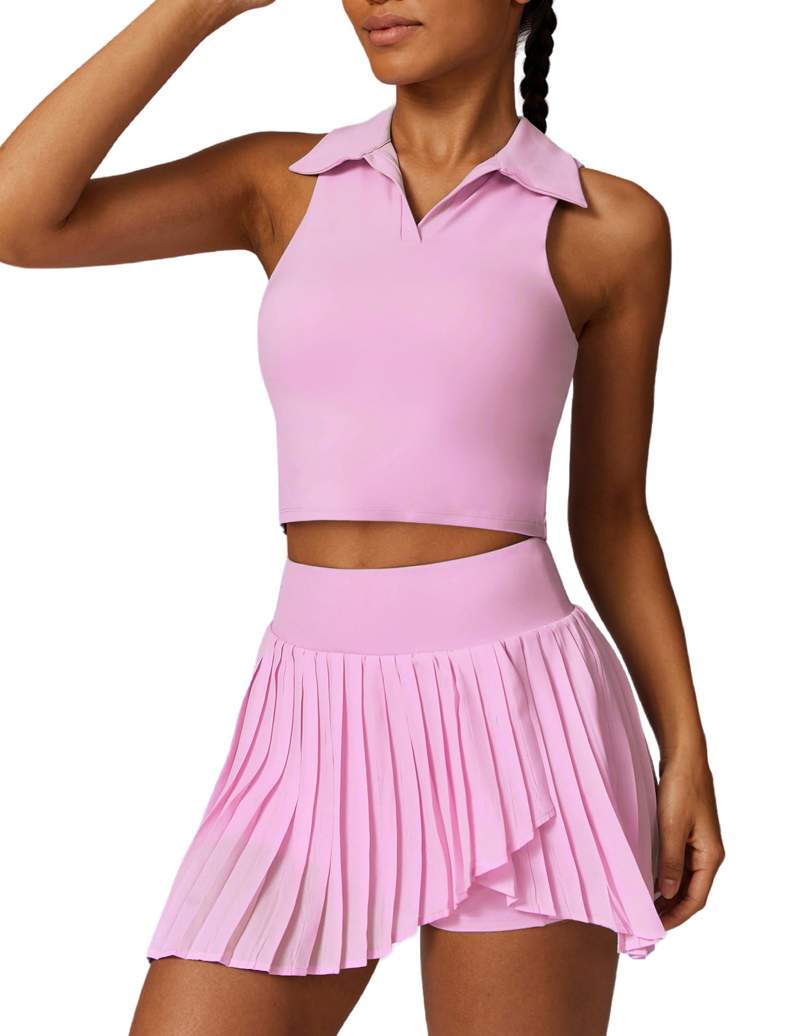 2 Piece Tennis Dress for Women Pleated Tennis Skirt Sleeveless Racerback Padded Crop Top Golf Workout Outfits