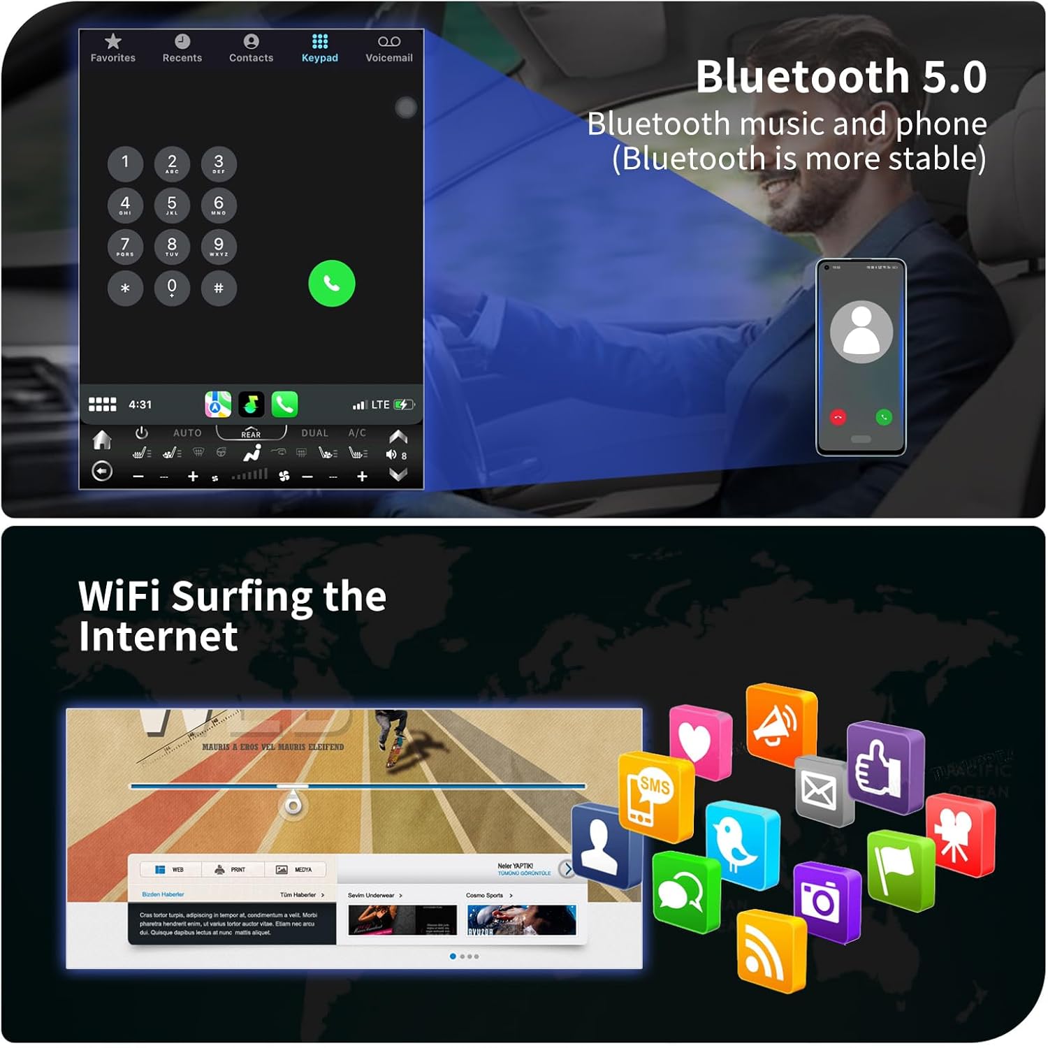 Bluetooth 5.0 and Wi-Fi internet access