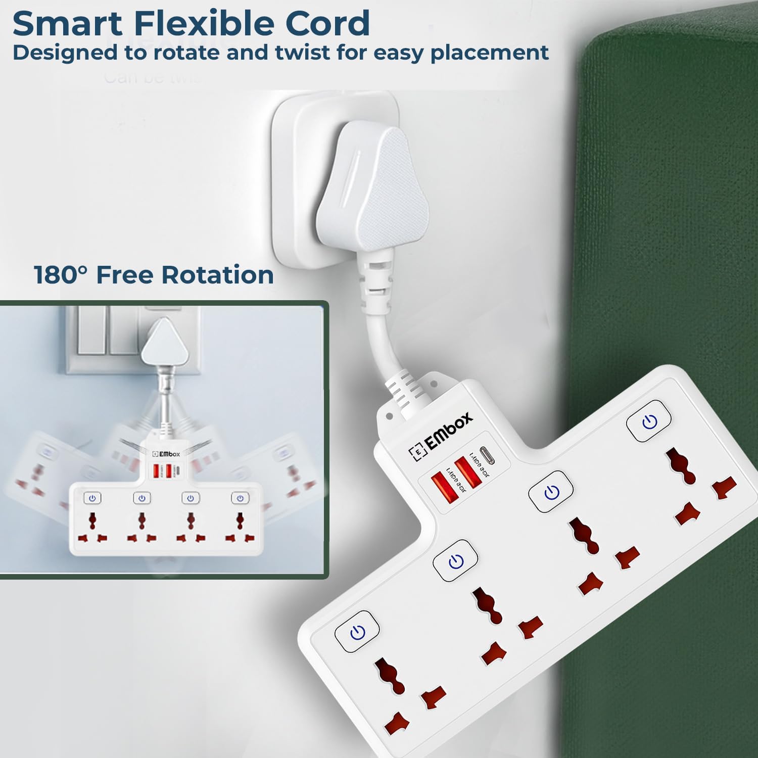 Embox 20W Multi Plug Adapter Type-C PD Fast Charging| Extension Board with USB C & Switches (QC3.0) | Multiplug Socket with 4 Universal Sockets 2Type-A & 1Type-C Ports | White