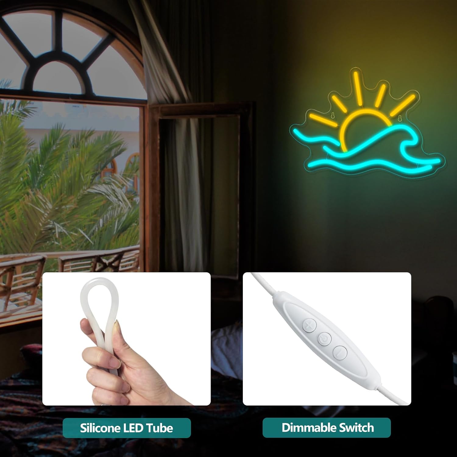 Sunrise Sunset Neon Sign, Dimmable Sun Sea Wave LED Neon Light for Wall Decor, USB Powered Ocean Surf Neon Signs, Acrylic Sun Sign for Bedroom Living Room Bar Cafe Game Room Birthday Party Christmas - Image 7