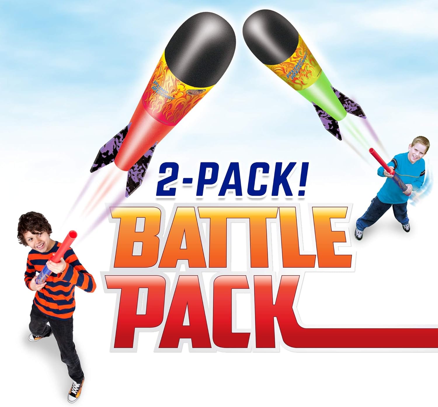 Geospace Hand Held Large Pump Rocket Battle Pack – Flying Foam Rockets Outdoor Toys for Kids, Boys & Girls – 36" Set with 2 Launchers & 4 Rockets Set – Hand Stomper Rocket Toy - Cool Toys for Fun