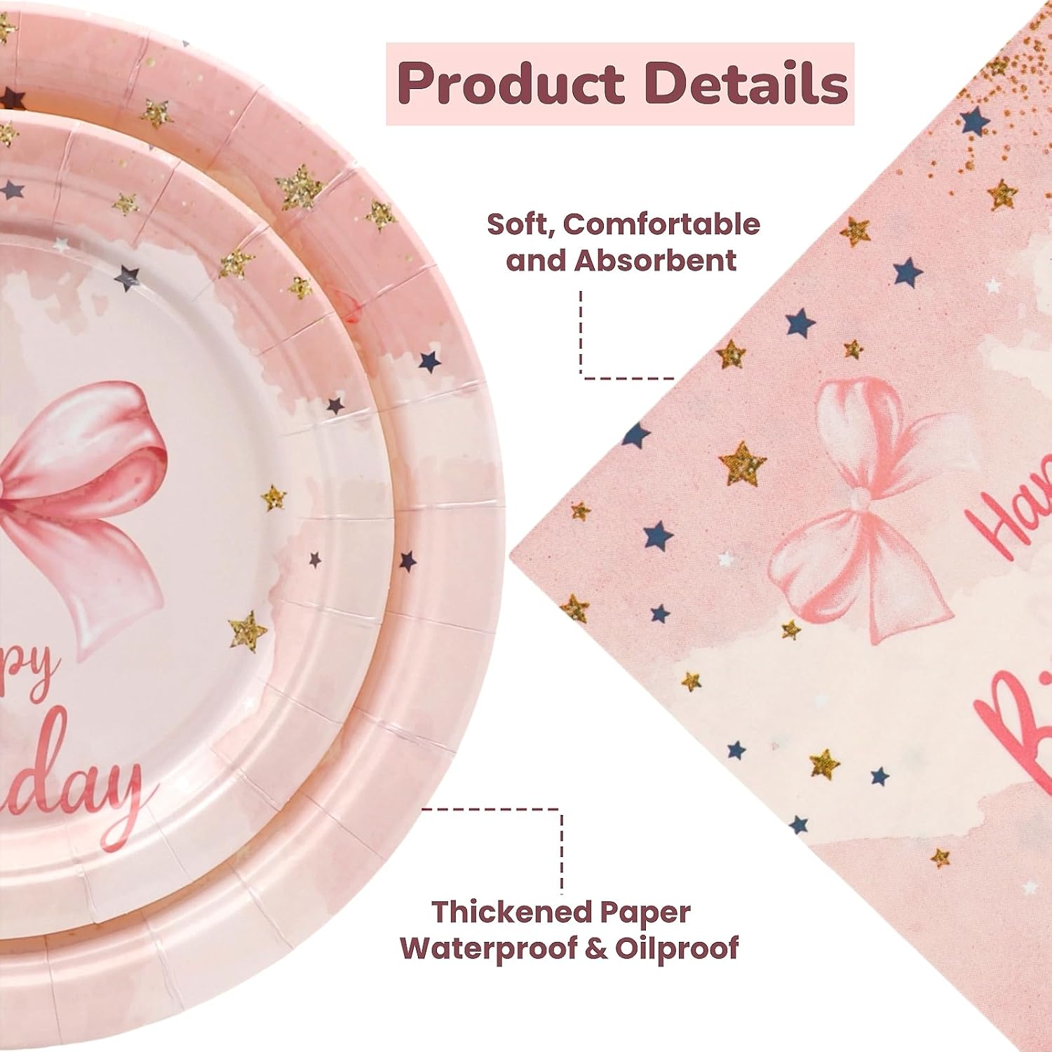 175PCS Pink Bow Birthday Plates and Napkins Party Supplies, Disposable Pink Bow Party Paper Plates for 25 Guests Gold Dot Plastic Forks Knives Spoons Paper Napkins Cups for Girls Coquette Birthday