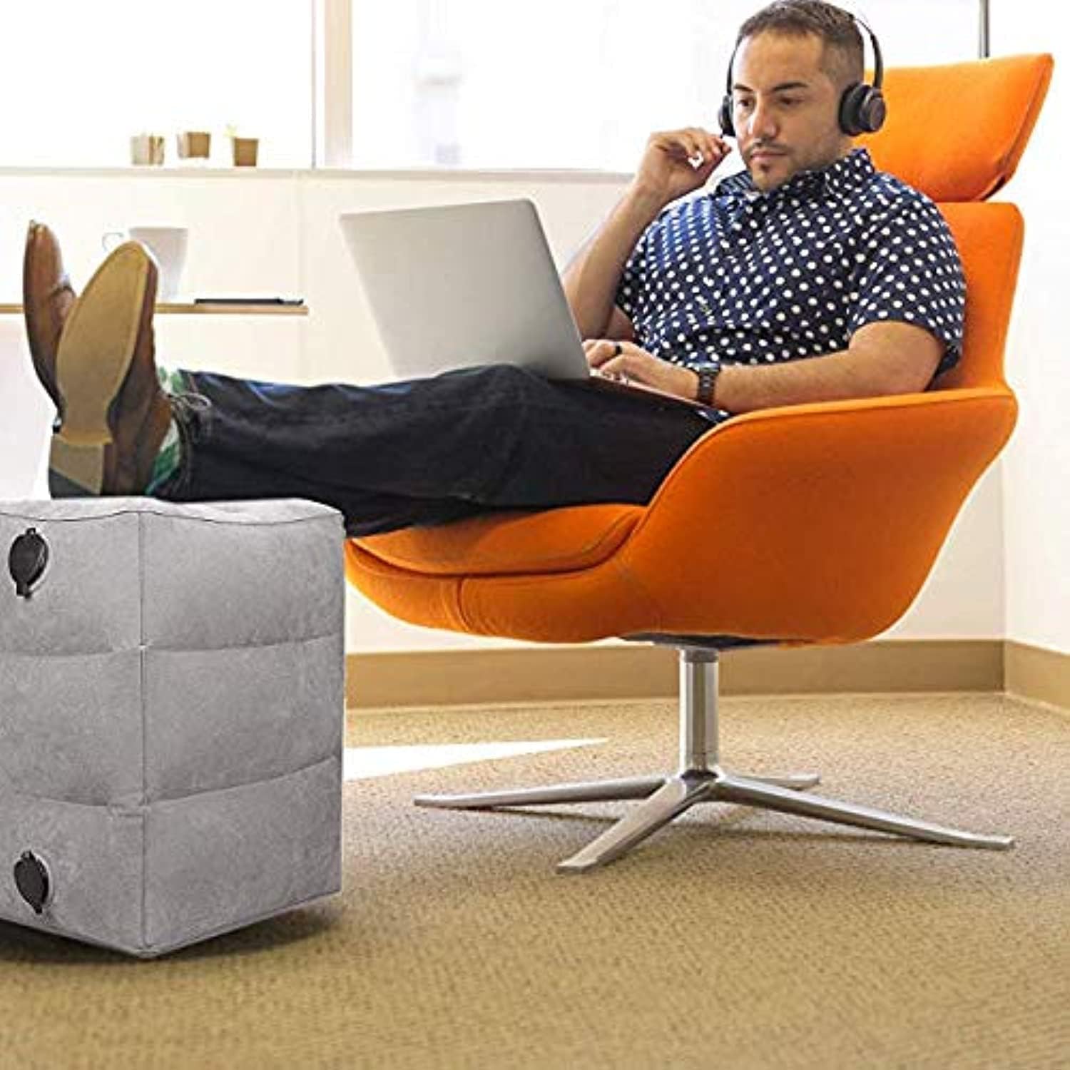 chair pads on Airplanes Travel Foot Rest Pillow, Inflatable Adjustable Height Footrest, Cars, Trains, Office Napping, Airplane Middle Grey