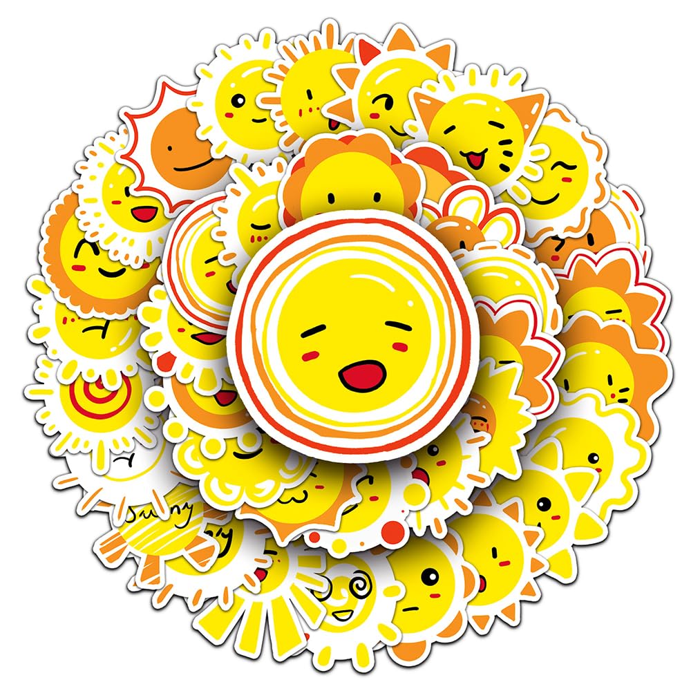 Unique Sun Vinyl Stickers, 50 PCS Waterproof Cartoon Icon Decals for Laptops Scrapbooking, Journals, Notebooks, Water Bottles