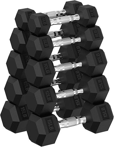 Miniatura 11 de Hex Dumbbell 45-400 lb Set, Rubber Encased Exercise & Fitness Dumbbells for Home Gym, Non-Slip Handle Design for Secure & Comfortable Grip, Hand