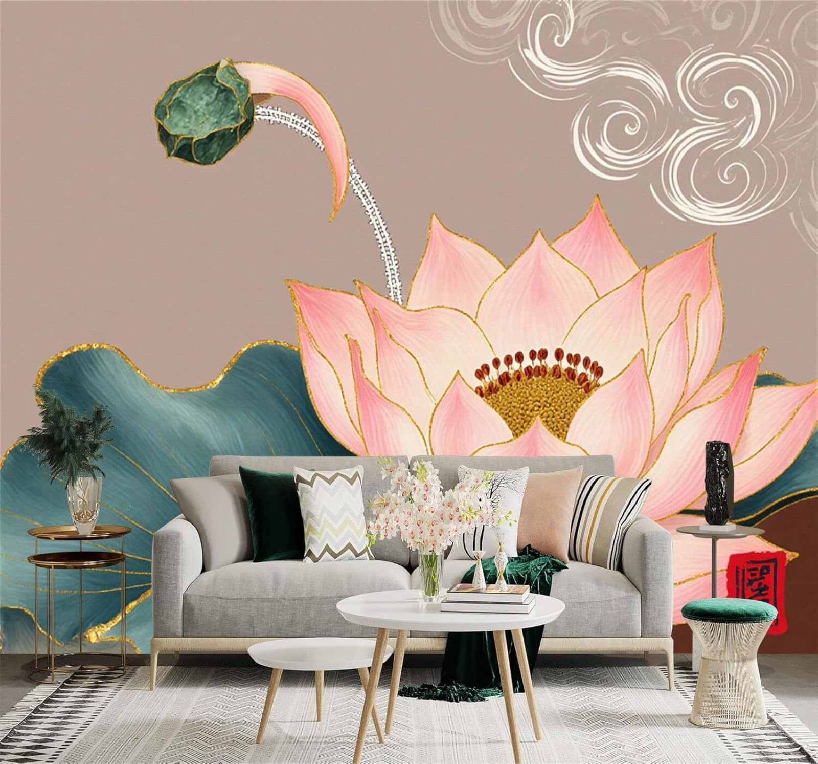 XLMING Fresh Beautiful Pink Lotus Green Leaves Golden Outline 3D Wallpaper Silky Texture Home Study Office Grey Dining Room Sofa Bedroom Living Room TV Backdrop-300cm×210cm