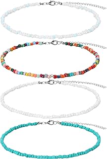 4 Pieces Women Bead Choker Necklace Colorful Bohemian Seed Bead Chain Girls Boho Hawaiian White Tiny Turquoise Layered Col...