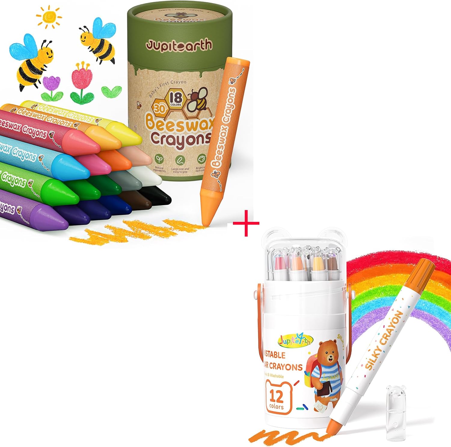 JUPITEARTH 18 Non-Toxic Beeswax Crayons + 12 Color Twist Crayons