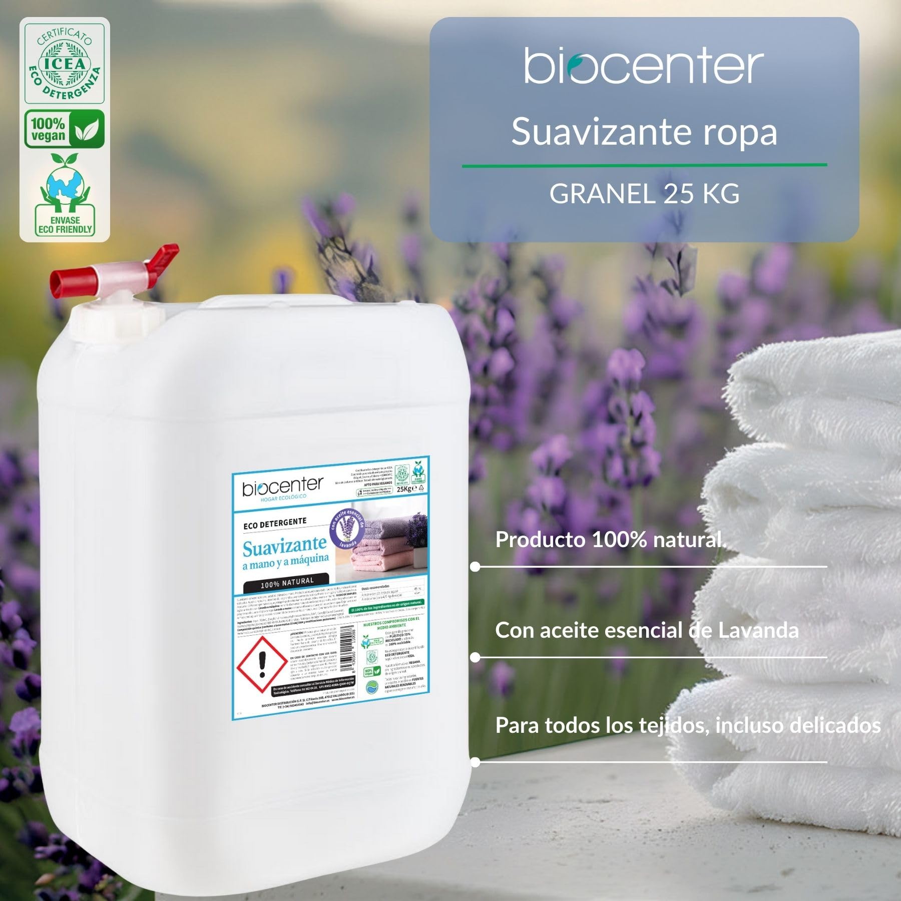 BIOCENTER - Suavizante ecológico para ropa - LAVANDA - Formato a granel de 25 Kg. Con Grifo de regalo.