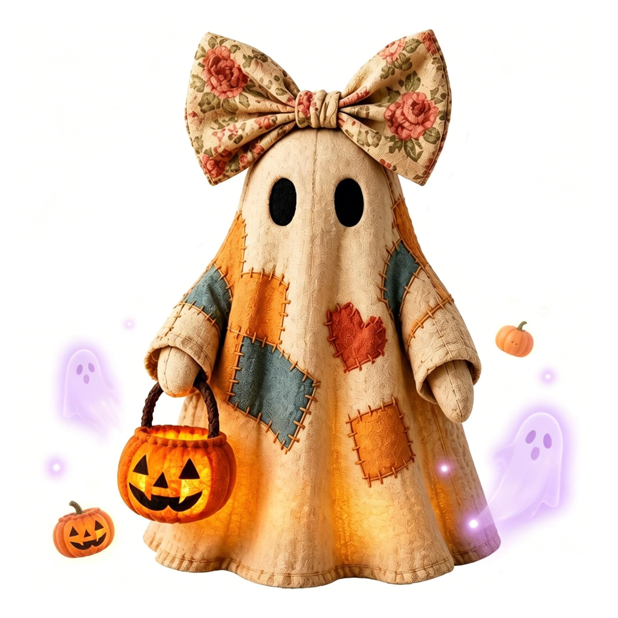 sloiaz Lighted Vintage Patchwork Ghost Lamp with LED Pumpkin Lantern, Rustic Farmhouse Halloween Fall Decor Figurine for Mantel Tiered Tray Porch Tabletop