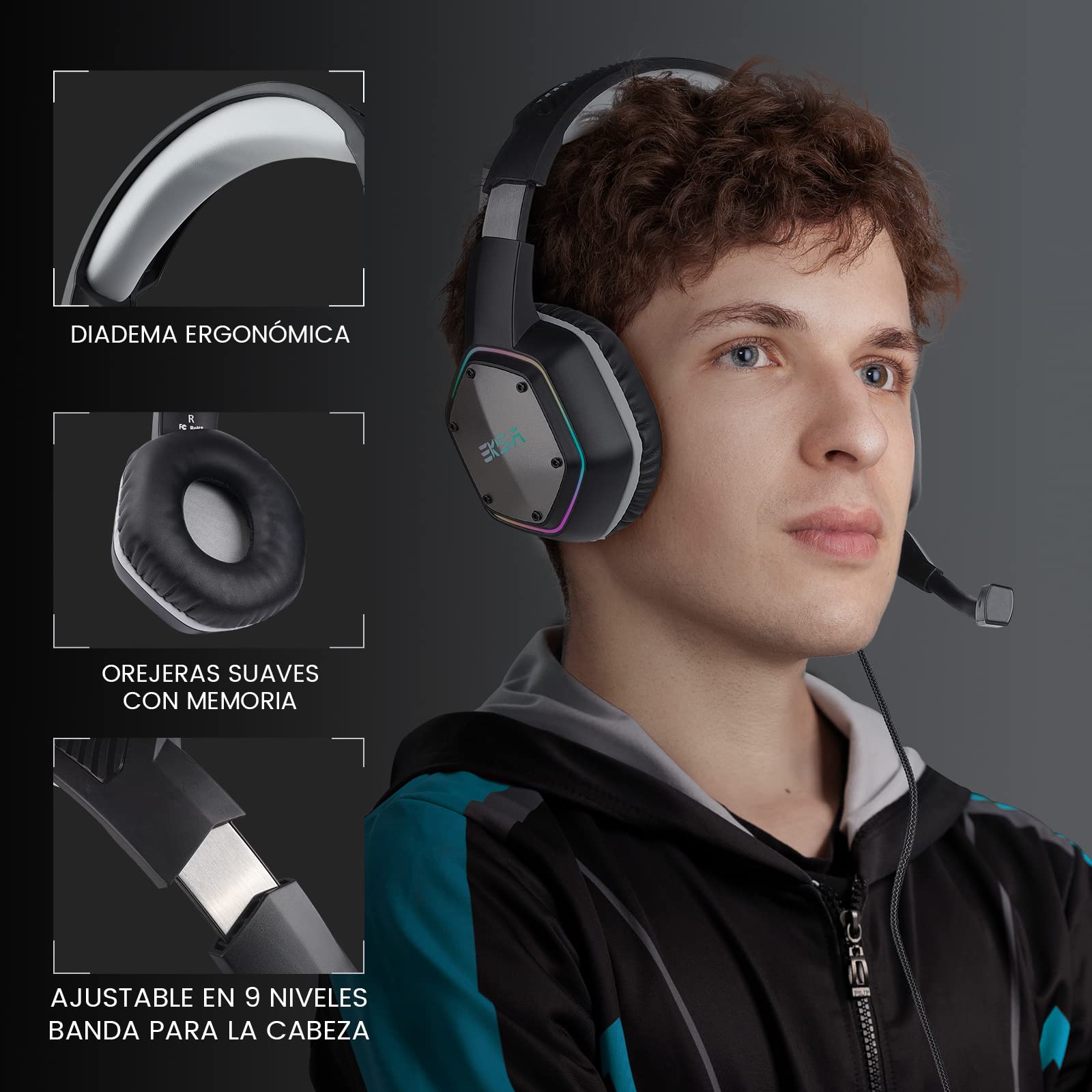 EKSA E1000 Cascos Gaming USB para PC, Over Ear Auriculares Gaming con Cable, Micrófono con Cancelación de Ruido, Sonido Envolvente 7.1, Luz RGB para Consola PS4 / PS5,Laptop