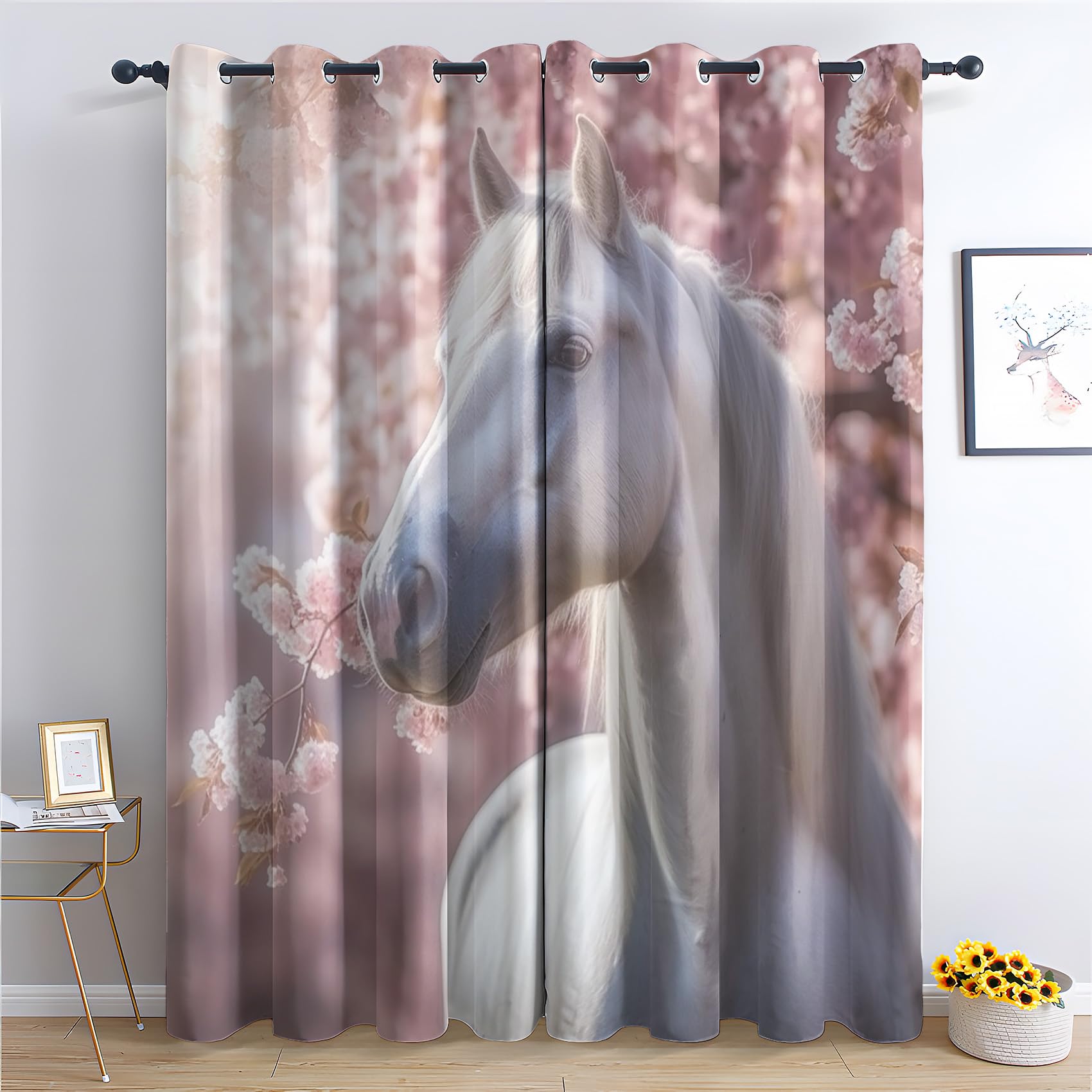 Rideau Occultant Thermiques Cheval - Rideau Chevaux Blanc Fleur Rose, Lot de 2 Rideaux à Oeillets pour Decoration Chambre Salon, Draperies Intérieurs Fenetre, 117x137 cm (LxH)