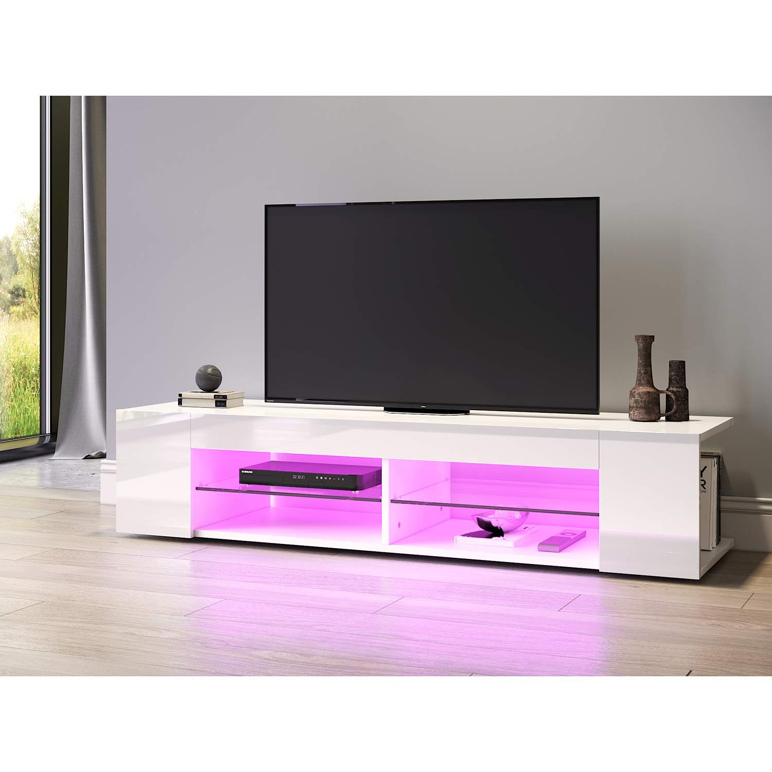SONNI TV Schrank, Fernsehtisch, TV Lowboard Hochglanz, TV-Regal, 12-LED-Farben, Glasböden, Fehrnser Tisch 135 cm breit, 135x39x30cm, Weiß, GTV003W-WHITE-3.