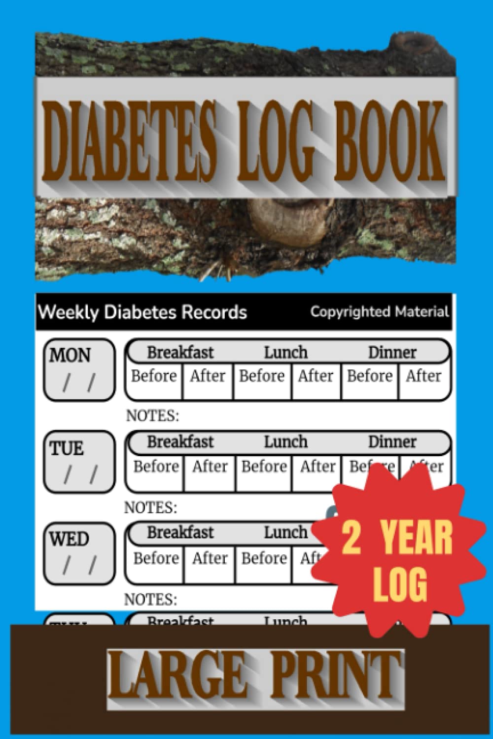 Diabetes Log Book: Large Print, Track Your Diabetes, Blood Sugar Levels, Weekly 2 Year Testing Chart For Type 1 & Type 2 Diabetics, 108 Pages , Log ... Monitor Your Glucose Levels Easily, 6X9 in