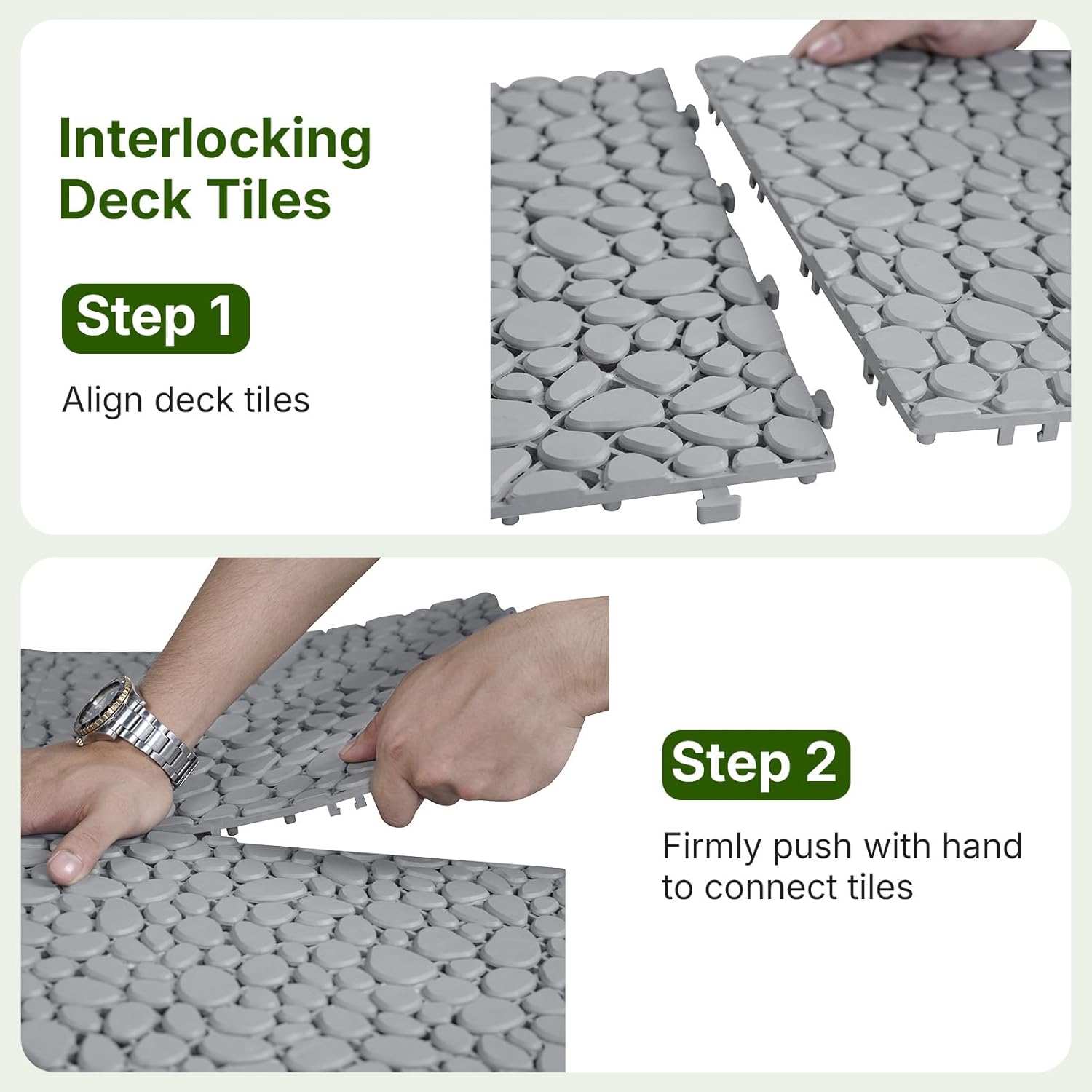 Rovibek 12PCS Plastic Interlocking Deck Tiles, 12"x12" Plastic Deck Tiles Outdoor All Weather, Non-Slip Drainage Plastic Floor Tiles, Waterproof Tile for Patio Bathroom Balcony Backyard, Pebble Gray