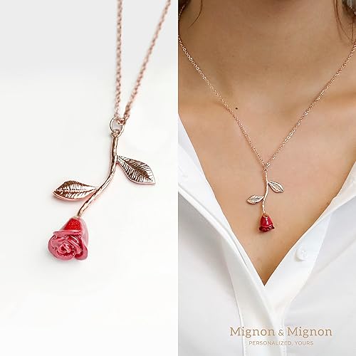 Miniatura 5 de MignonandMignon Collar de rosa de La Bella y la Bestia en pétalo rojo y oro rosa, regalo para su dama de honor personalizado, Día de la Madre, 3ERN