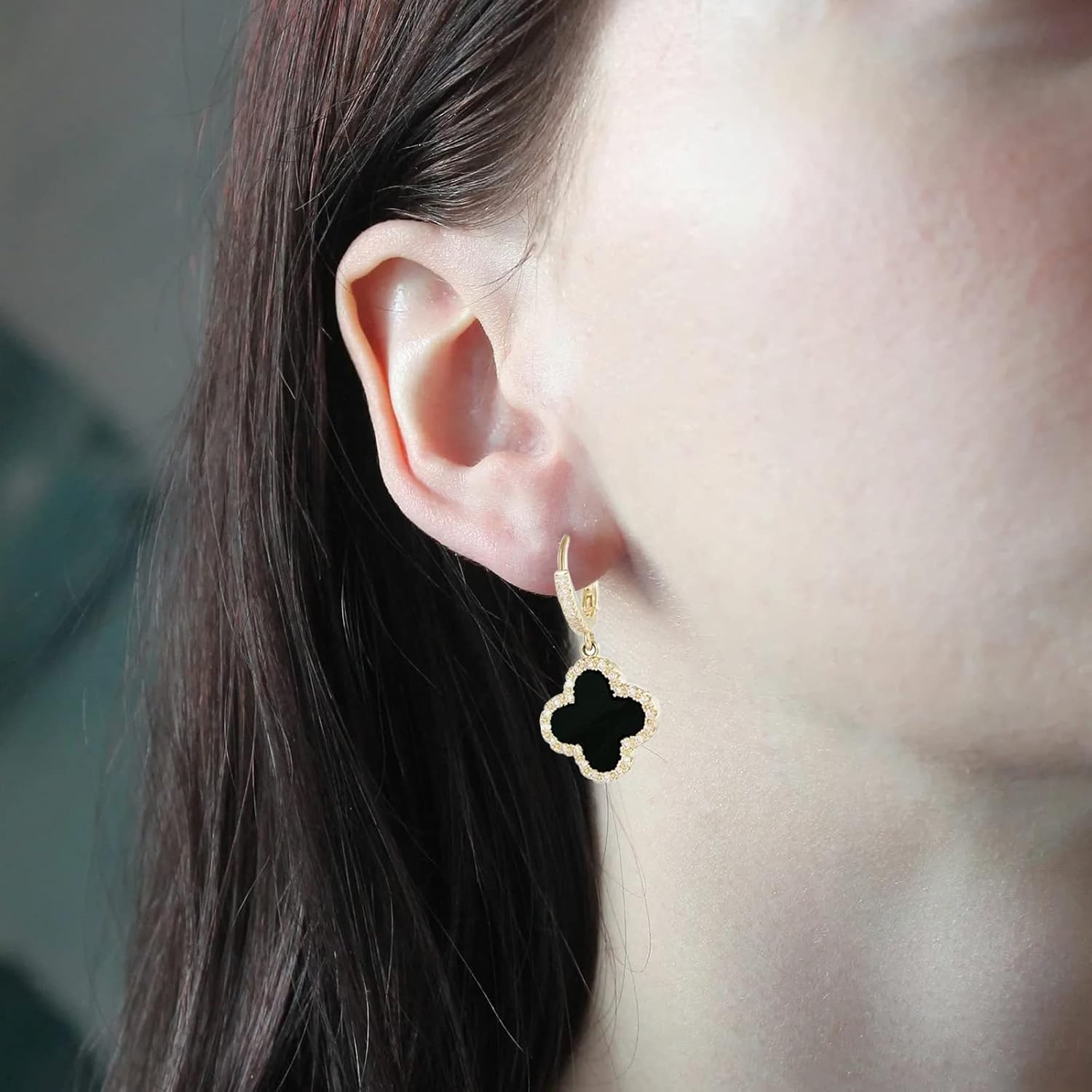 Four Leaf Clover Earrings Shamrock Earrings Lucky Sparkling Earrings St. Patrick's Day Irish Earrings For Women,Stud Earrings Green Love Diamond Crystal Emerald Jewelry For Valentine's Day Black