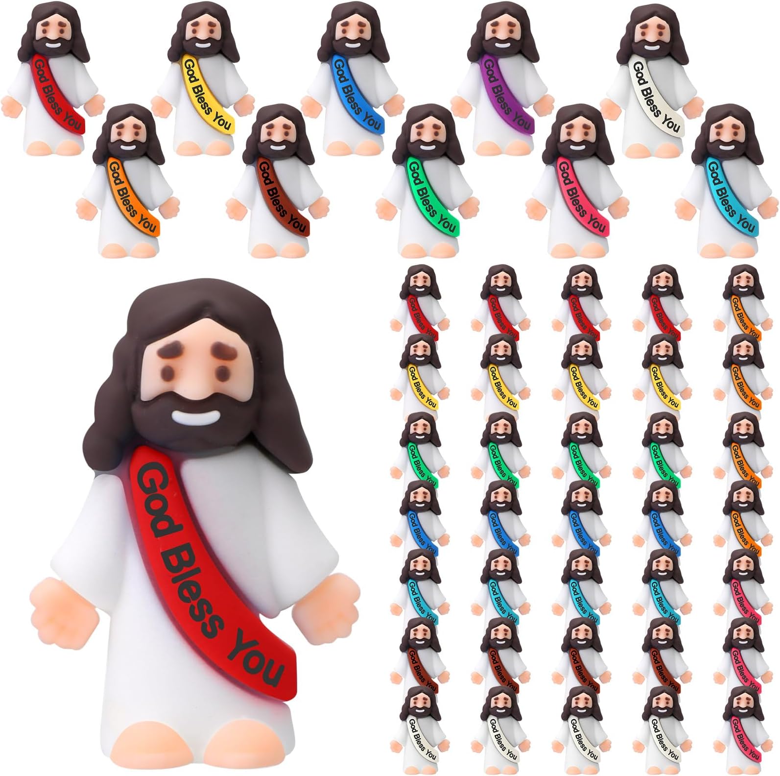 Bememo 50 Pcs Little Jesus Figurines God Bless You Small Rubber Jesus Toys Doll Easter Egg Stuffer Religious Prefilled Craft for Baptism Sunday School(Multicolor)