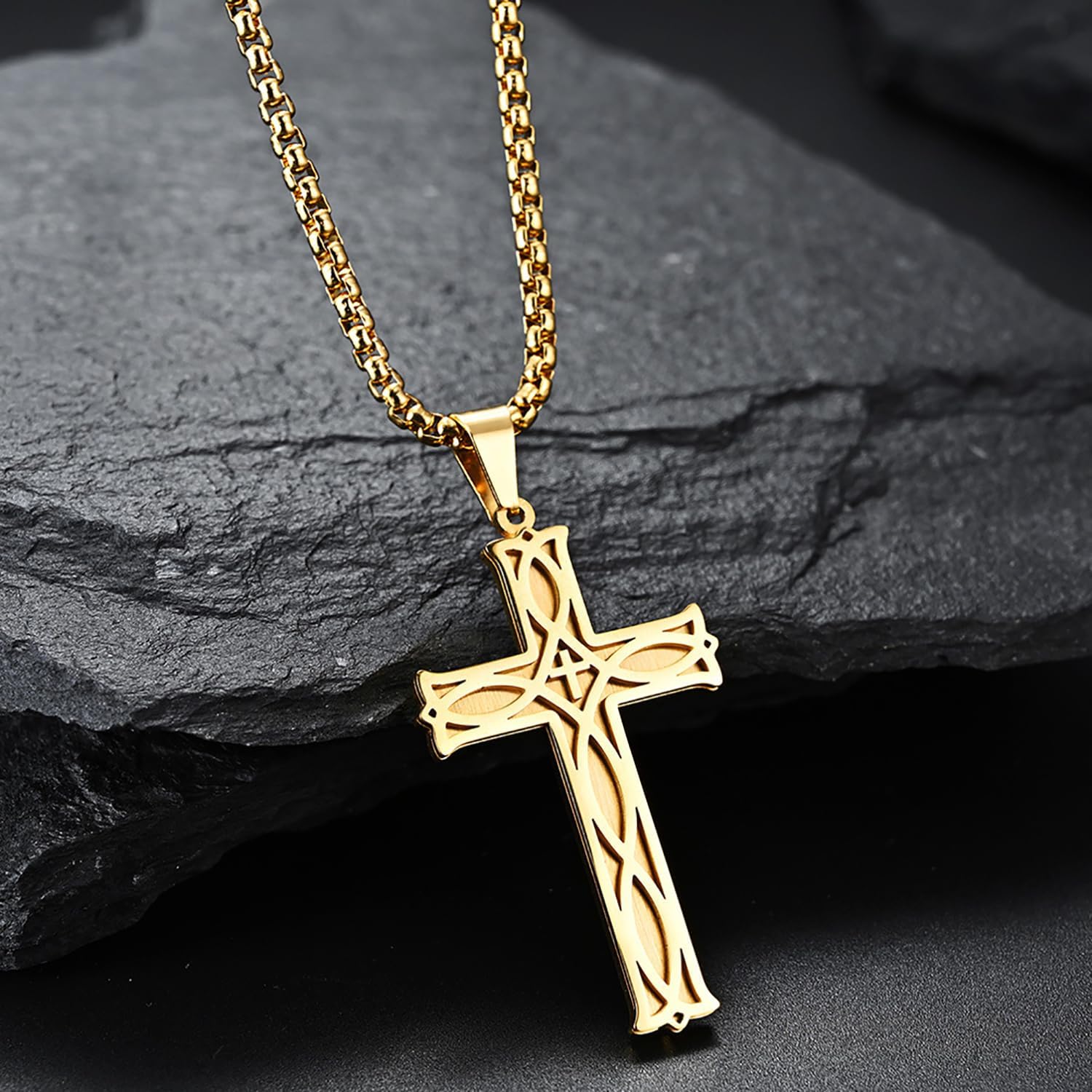 Cross Necklace for Men,Stainless Steel Black Silver Jesus Christ Crucifix Pendant Necklaces Meaningful Religious Jewelry，60cm Rolo Chain