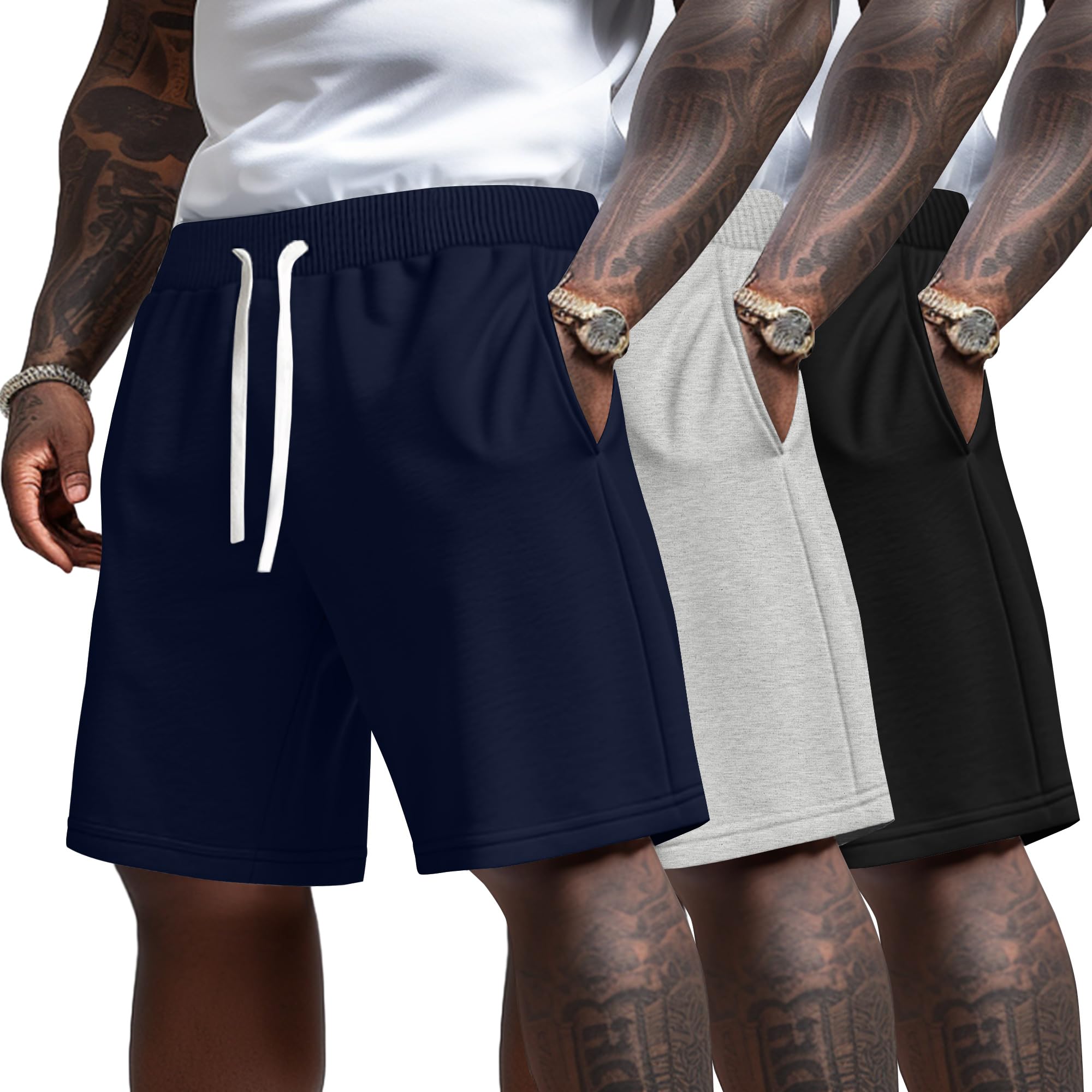 Ficerd 3 Pack Big and Tall Men's Sweat Shorts 9'' Plus Size Bermuda Drawstring Elastic Waist Shorts with 3 Pocket