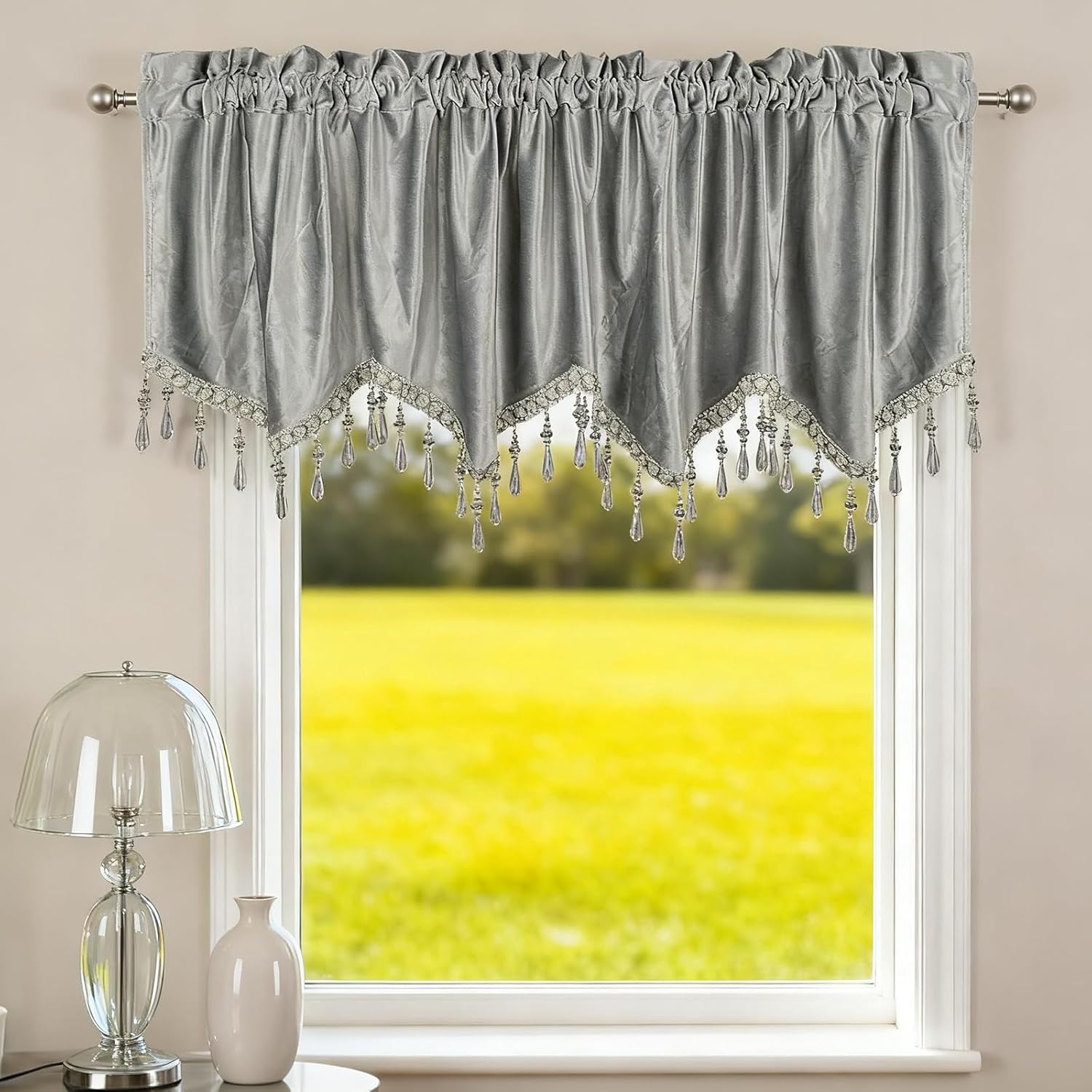 Velvet Valance Curtains for Window Treatment, Rod Pocket Room Darkening Scalloped Kitchen Curtains with Bead Trim Tassel for Cafe Living Room Dining Room, Silver Grey, 1 Panel, 60" W x 18" L