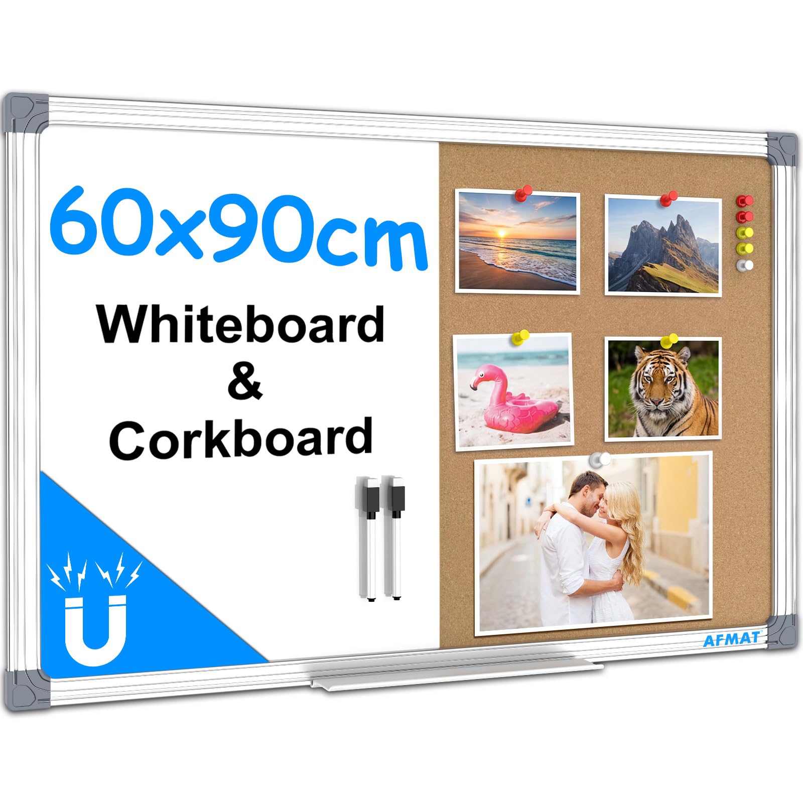 AFMAT Cork Board White Board Combo, 60x90cm Cork Board Magnetic Dry Erase Board for Wall, Wall Mounted Hanging Notice Board with Silver Frame, Bulletin Board Vision Board for Home Office School WB03