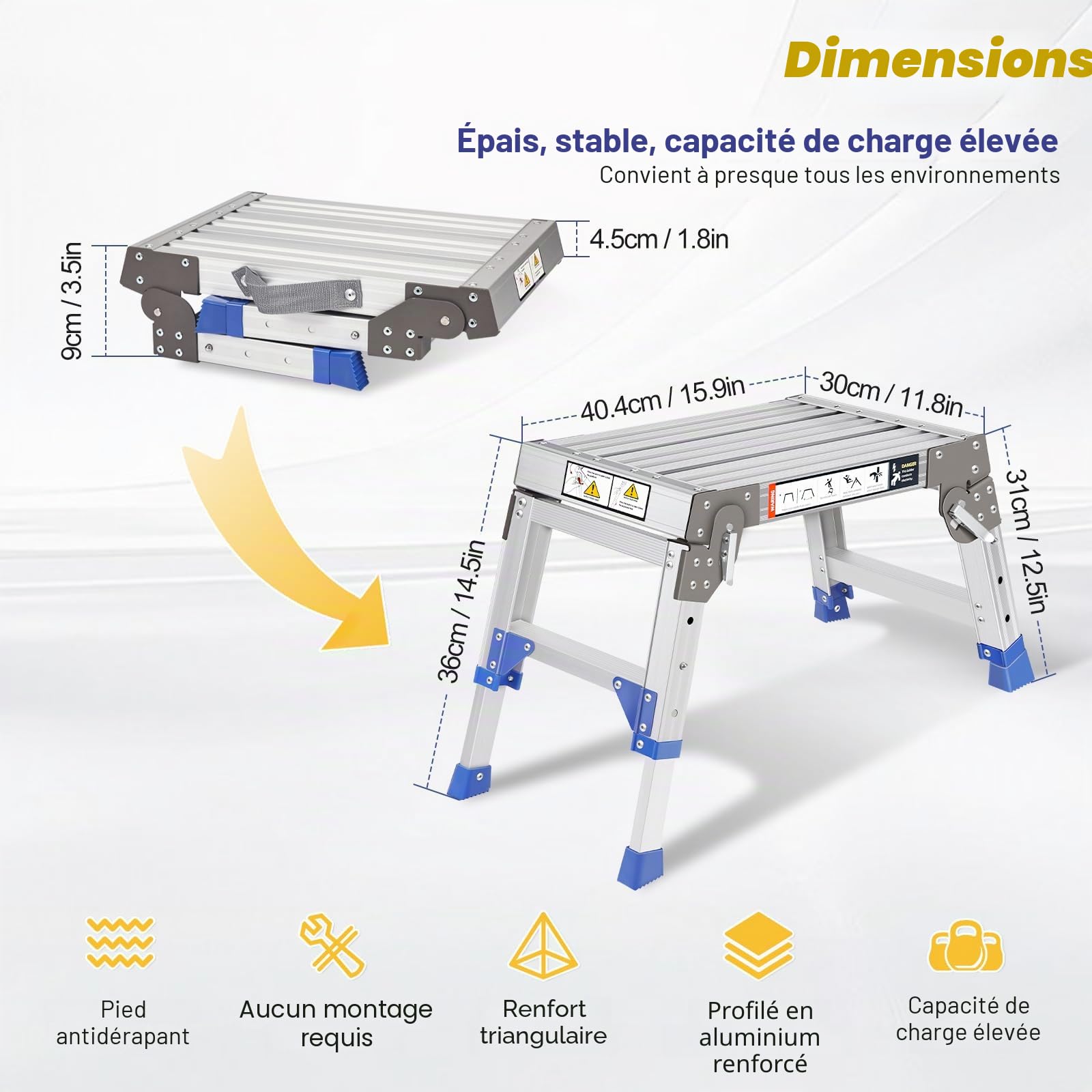 Marchepied pliable en aluminium robuste (jusqu'à 362 kg), marche réglable en hauteur sur 3 positions (32-42 cm), antidérapant, pour camping-car, garage et coffre de toit