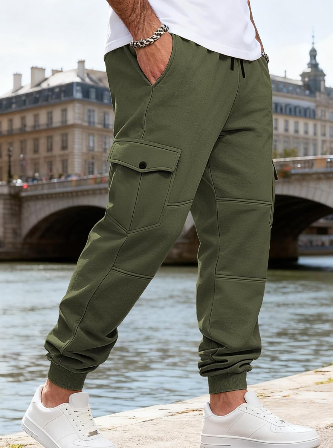 Men's Casual Cargo Sweatpants Fleece Lined Workout Joggers Athletic Drawstring Pants with Multi Pockets - Image 3