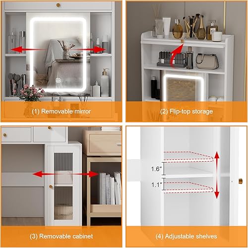 Miniatura 4 de ARTETHYS Juego de mesa de tocador de maquillaje con 3 taburetes acolchados de espejo iluminado, escritorio de tocador con cajón grande marco de