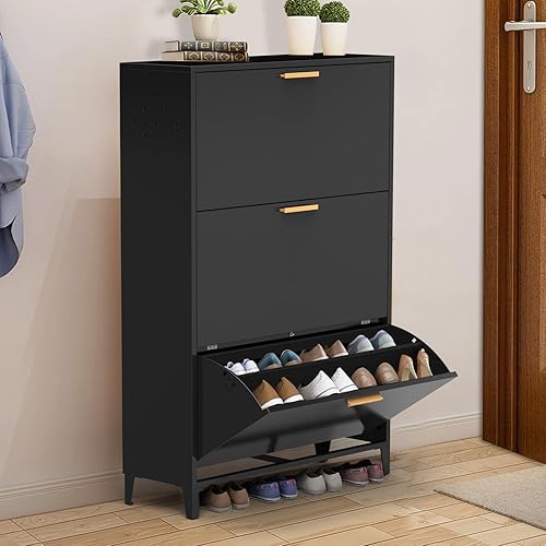 Homtique Armario de almacenamiento de zapatos con 3 cajones abatibles para entrada, estante organizador de zapatos independiente de acero negro de 3