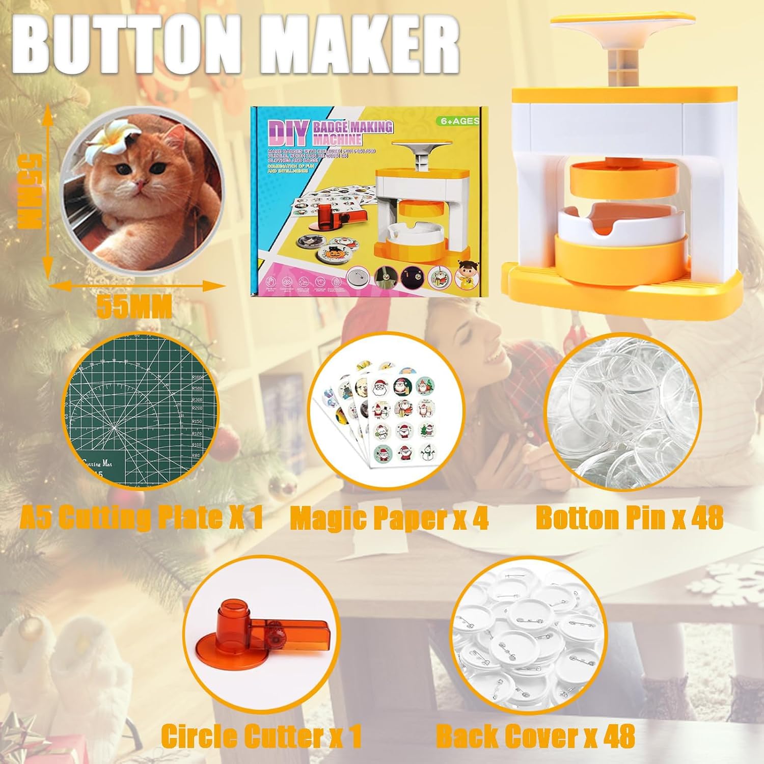 Rntfunre Button Maker Machine,55mm(2.16inch) DIY ButtonPress Machine with 48Pcs Button MakerSupplies,Cutter,Cutting Board and Sticker for Kids Pin Maker Christmas Birthday Gift