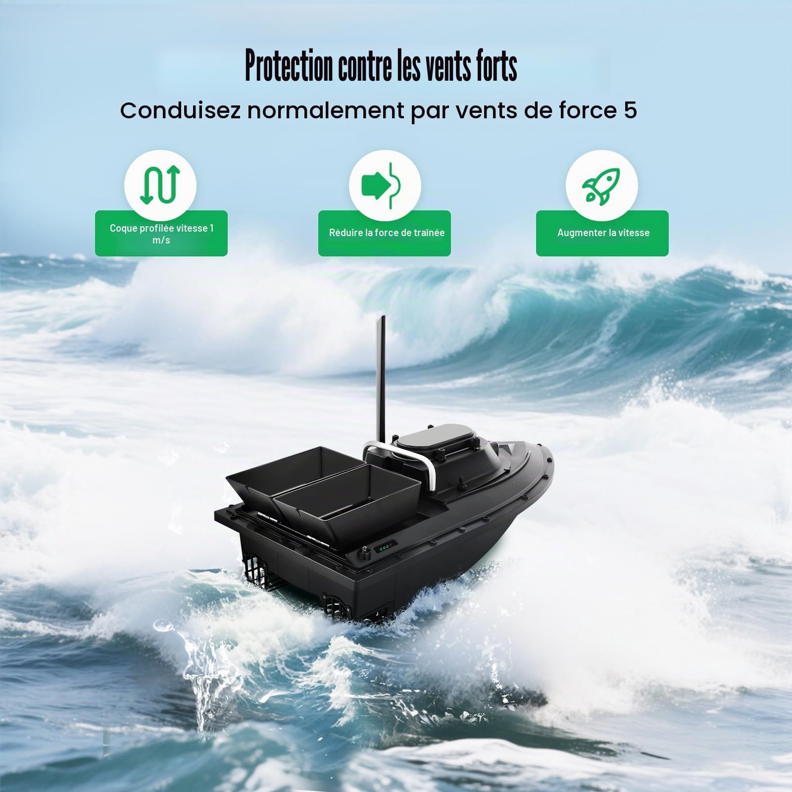 Cruise Angel Nest Bateau pêche RC 500 m appât de nuit 2 kg Télécommande 2,4 G, lumière LED, chargeur, deux boîtes à appâts