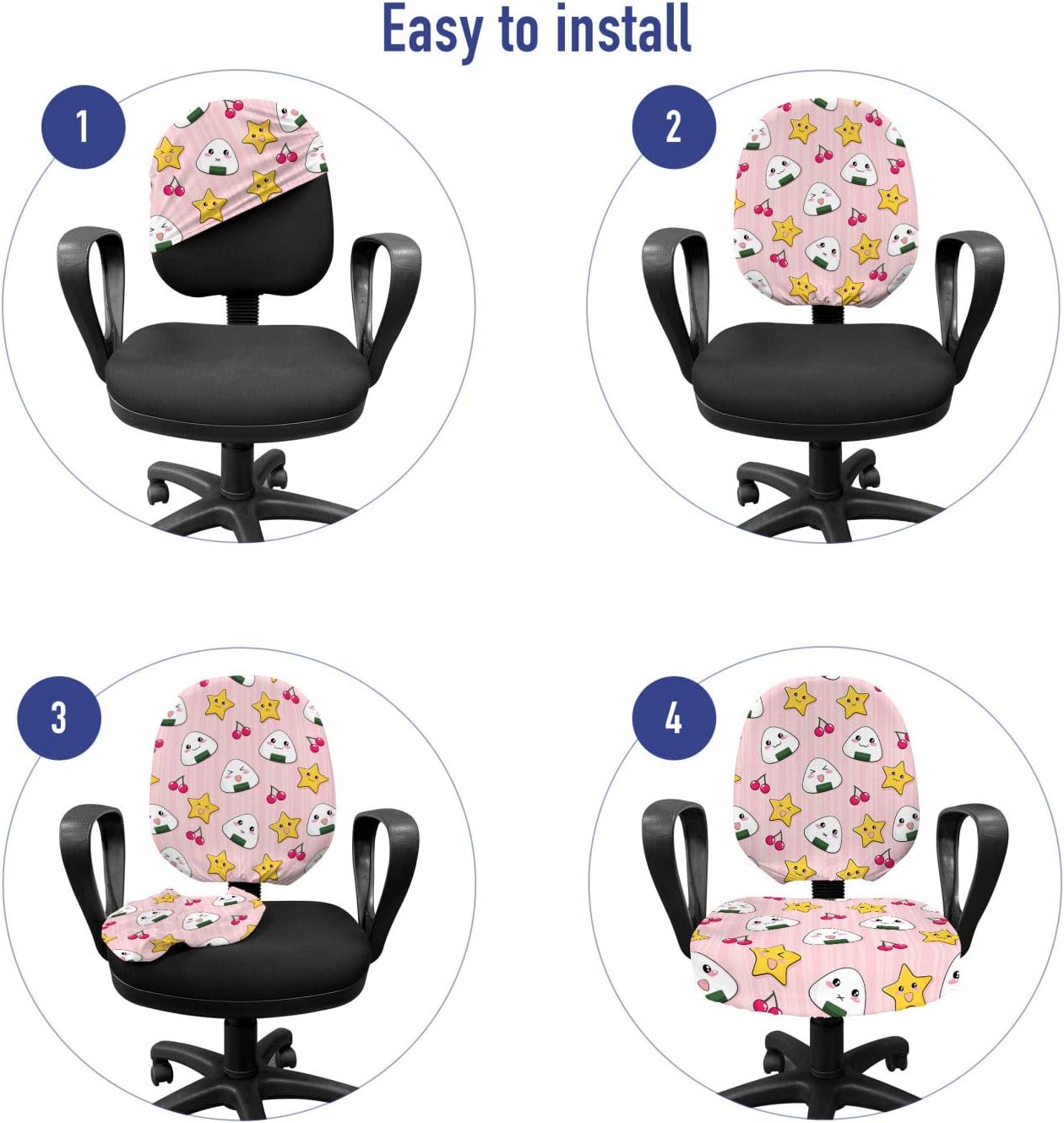 Ambesonne Japan Office Chair Slipcover, Japanese Foods Rice Ball Cherries Kawaii Anime Pattern Design, Protective Stretch Decorative Fabric Cover, Standard Size, Pink