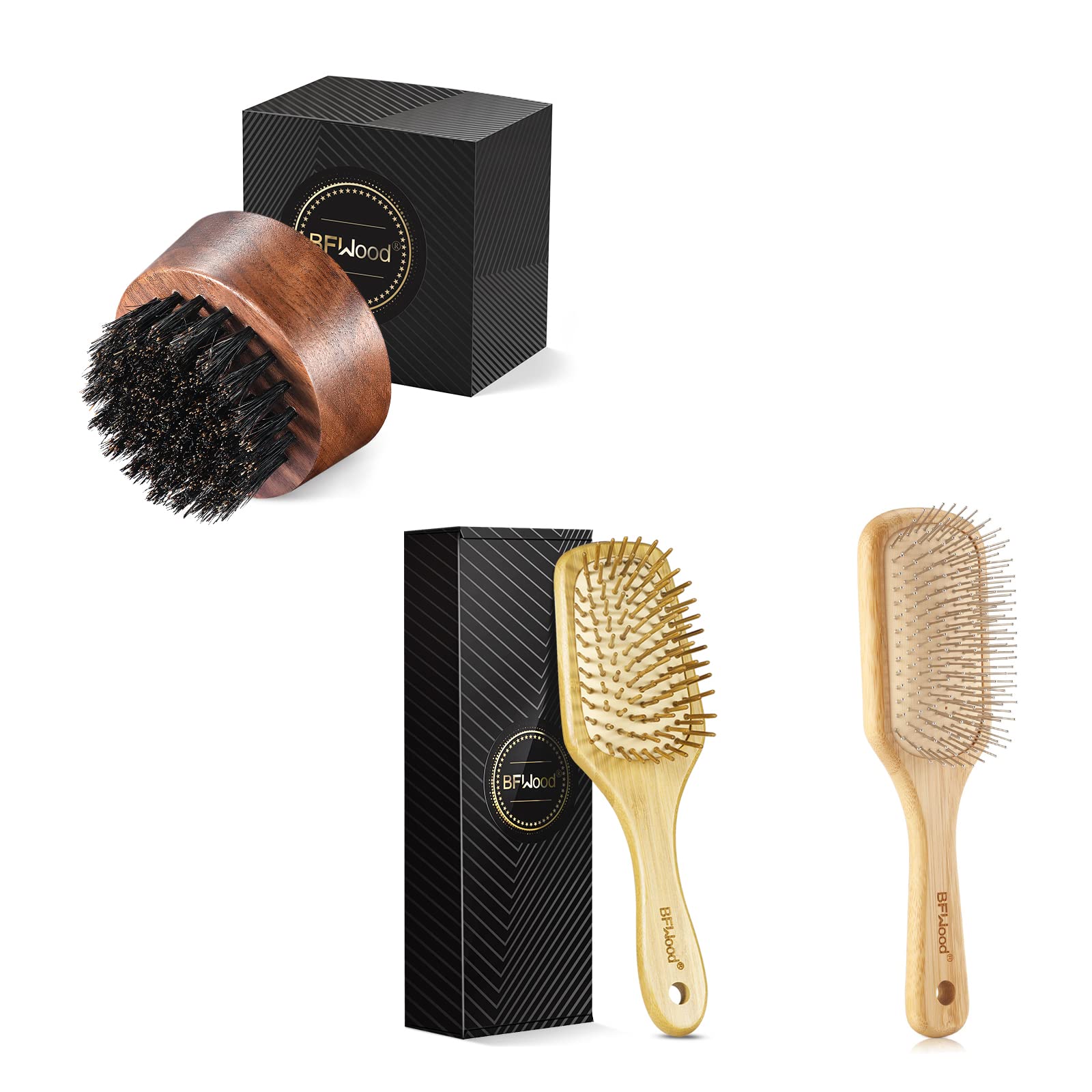 BFWood Beard Brush & Bamboo Paddle Hair Brush &Hair Brush with Steel Bristles