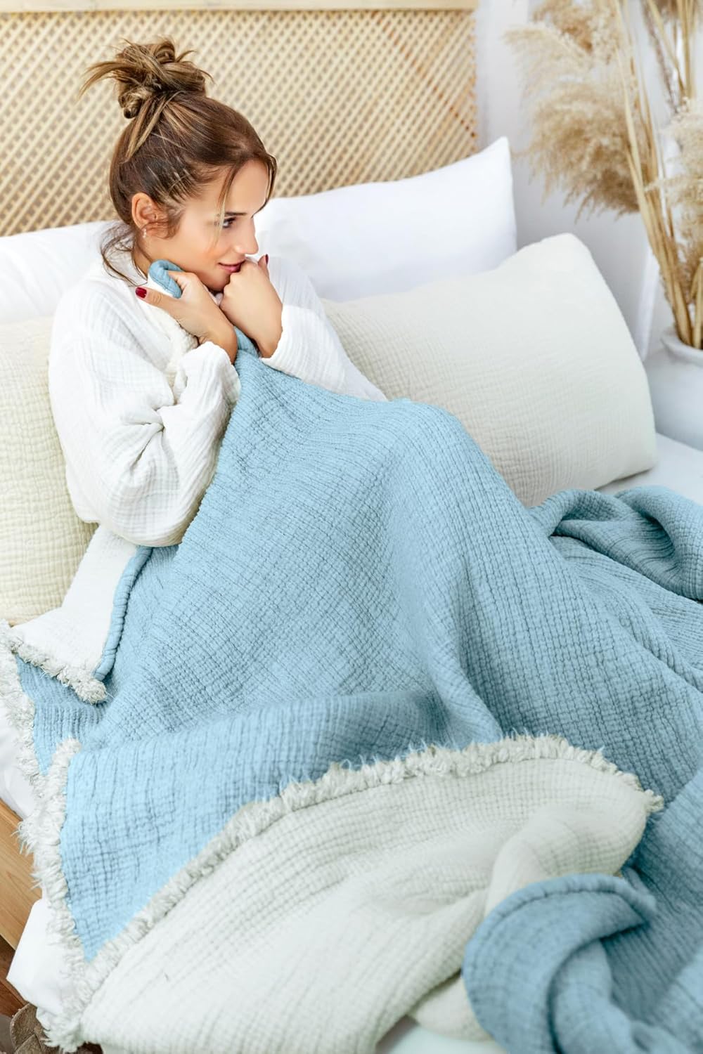 Muslin Quilt Set 6-Layer Single Size Baby Blue with Pillowcase 170x230cm Lightweight Breathable Cotton for Nursery Bedding - Baby Blue, One Size