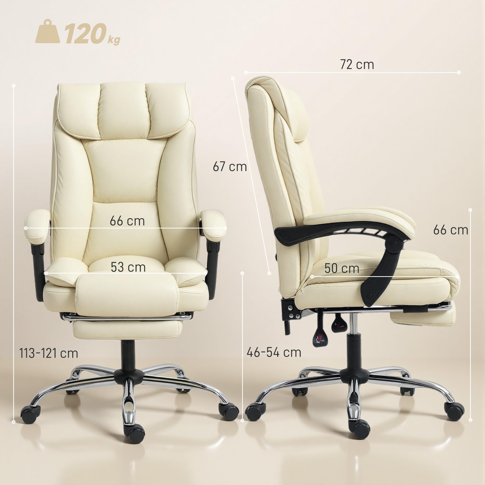 HOMCOM Bürostuhl Ergonomischer Schreibtischstuhl mit Fußstütze, Beige | Verstellbare Rückenlehne, Höhenverstellbarer Drehstuhl, Tierfreundlich Kunstleder, Doppel Gepolstert, Computerstuhl
