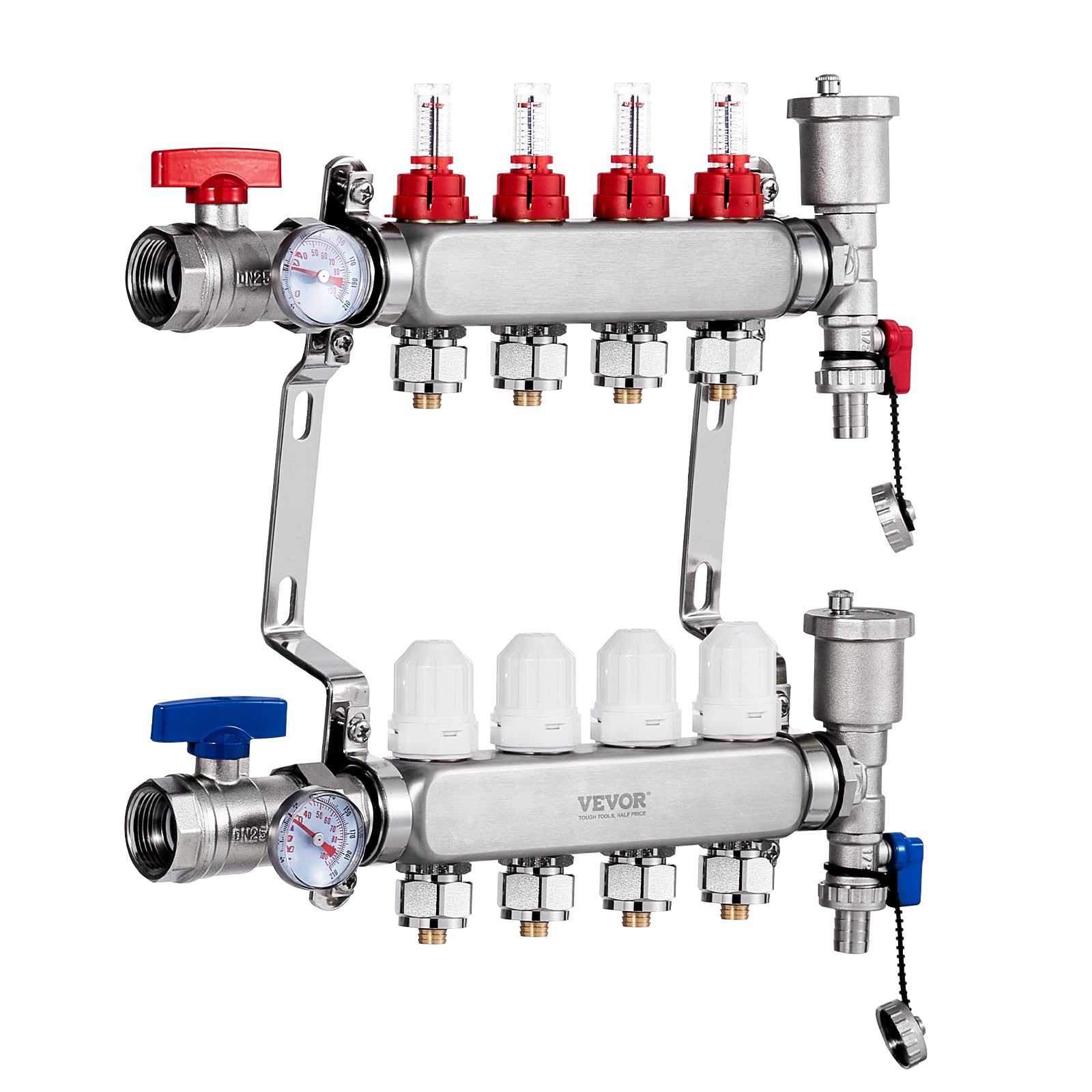 VEVOR 4-Heizkreise, Heizkreisverteiler Edelstahl, Kugelhähne mit G-Gewinde für Zu- und Rücklauf, 5 L/min Durchfluss, für Fußbodenheizung, Verteiler mit 1/2-Zoll-Adaptern und Durchflussmesser