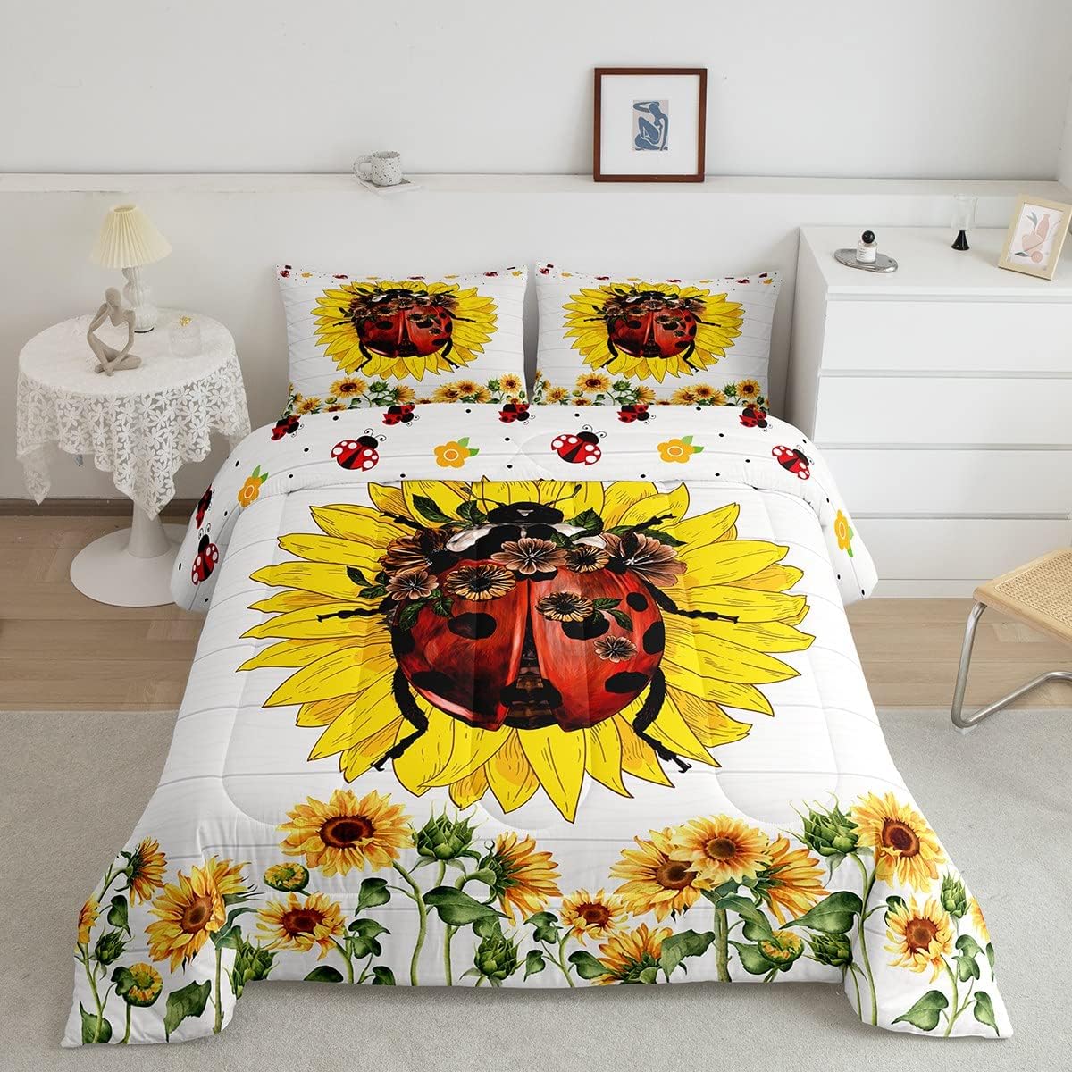 Feelyou Ladybug Comforter Set Sunfloral Ladybug Bedding Set for Kids Teens Cartoon