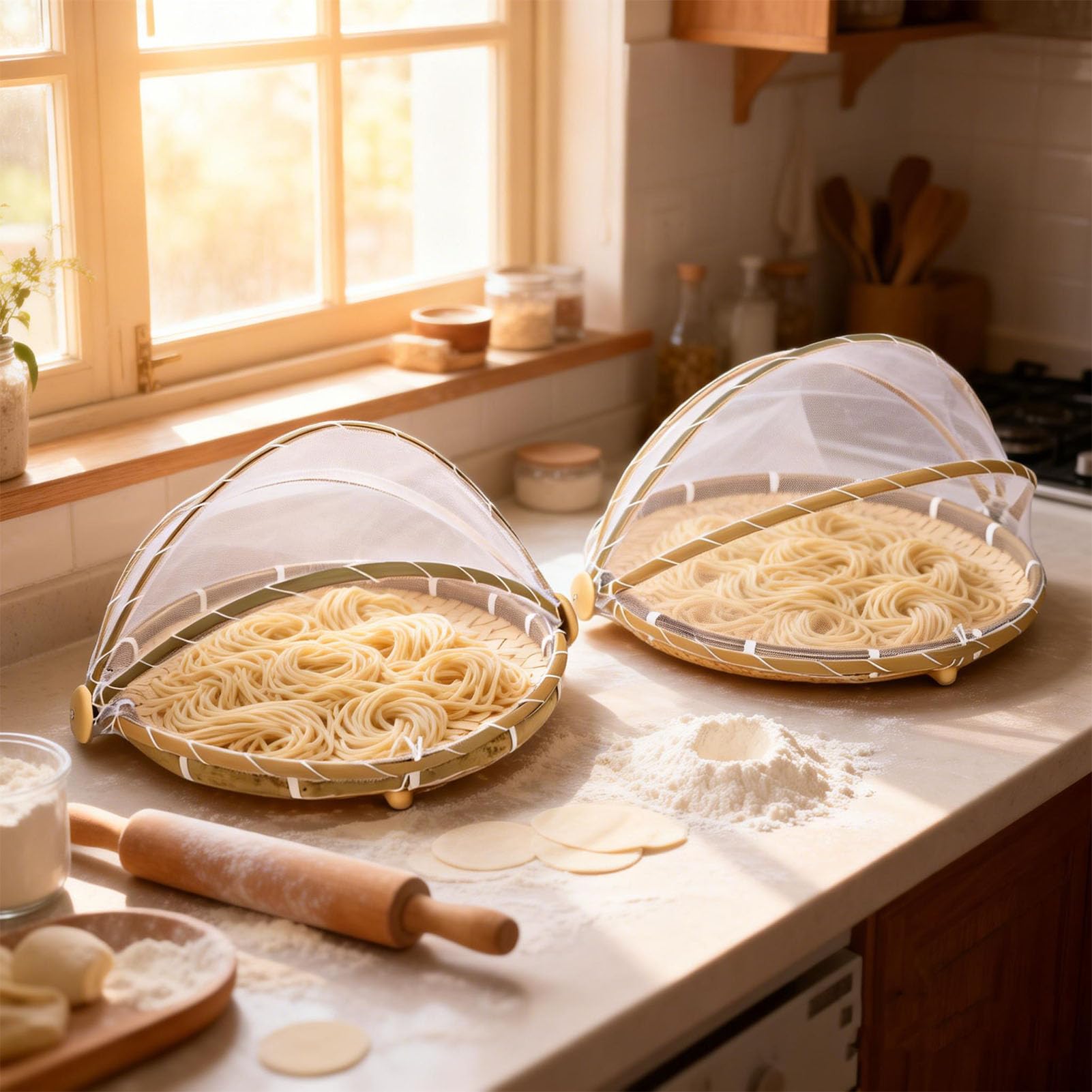 Srliya Cestino da Tenda Rotondo per Servire Cibo con Copertura in Rete per Picnic e Riunioni All'aperto, Contenitore Intrecciato a Mano in 2 Pezzi