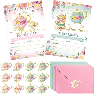 Geyoga 24 Pcs Tea Party Invitation Cards with Envelopes and Stickers, Little Girl Garden Tea Cup Time Bridal or Baby Shower Invite, Themed Ladies Event Ideas, Printed or Fill in the Blank Card