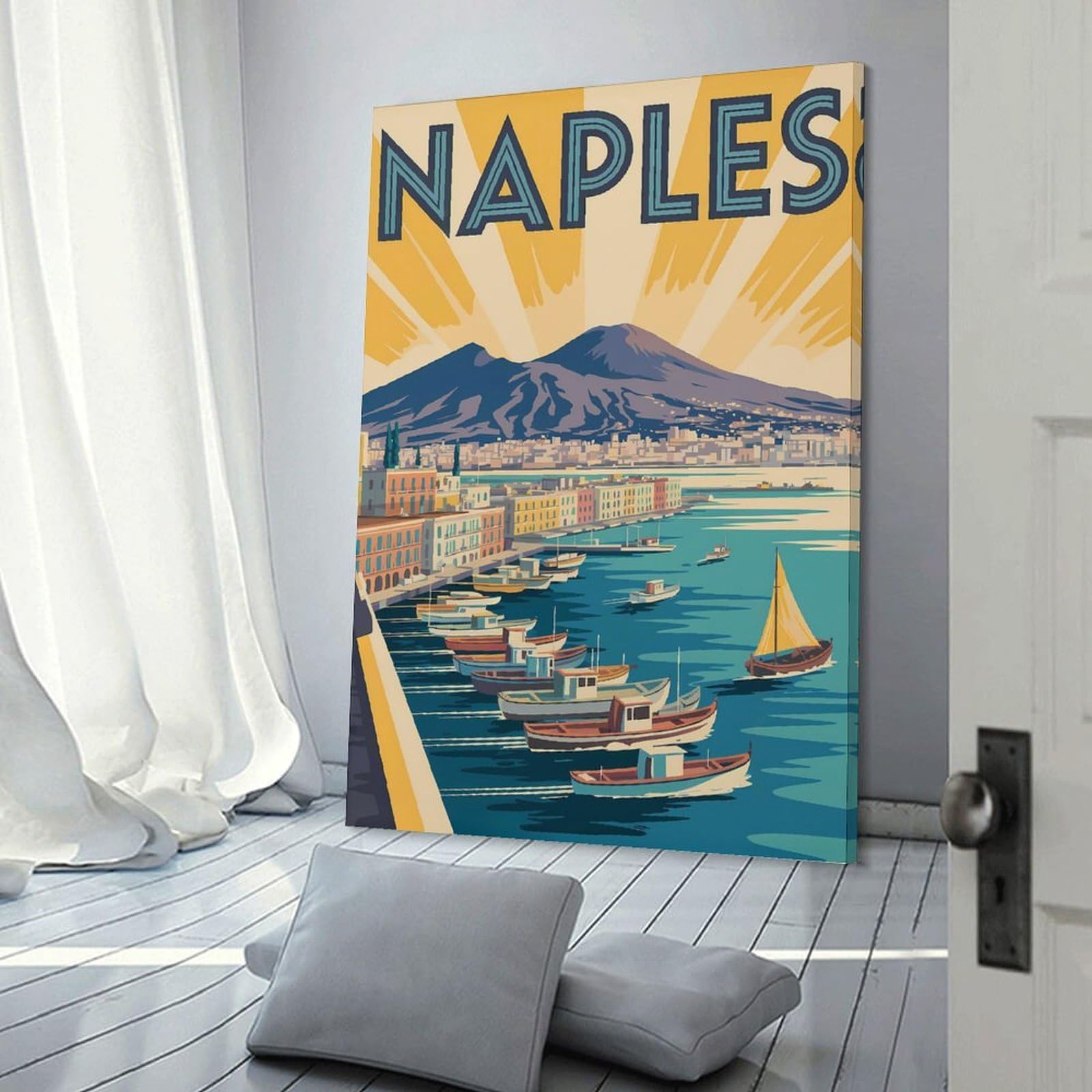 Junmoney Naples Travel Canvas Wall Picture 20x30inch(50x75cm), for Study, Office Or Focused Interiors, Home Office Artwork with Decorative Appeal