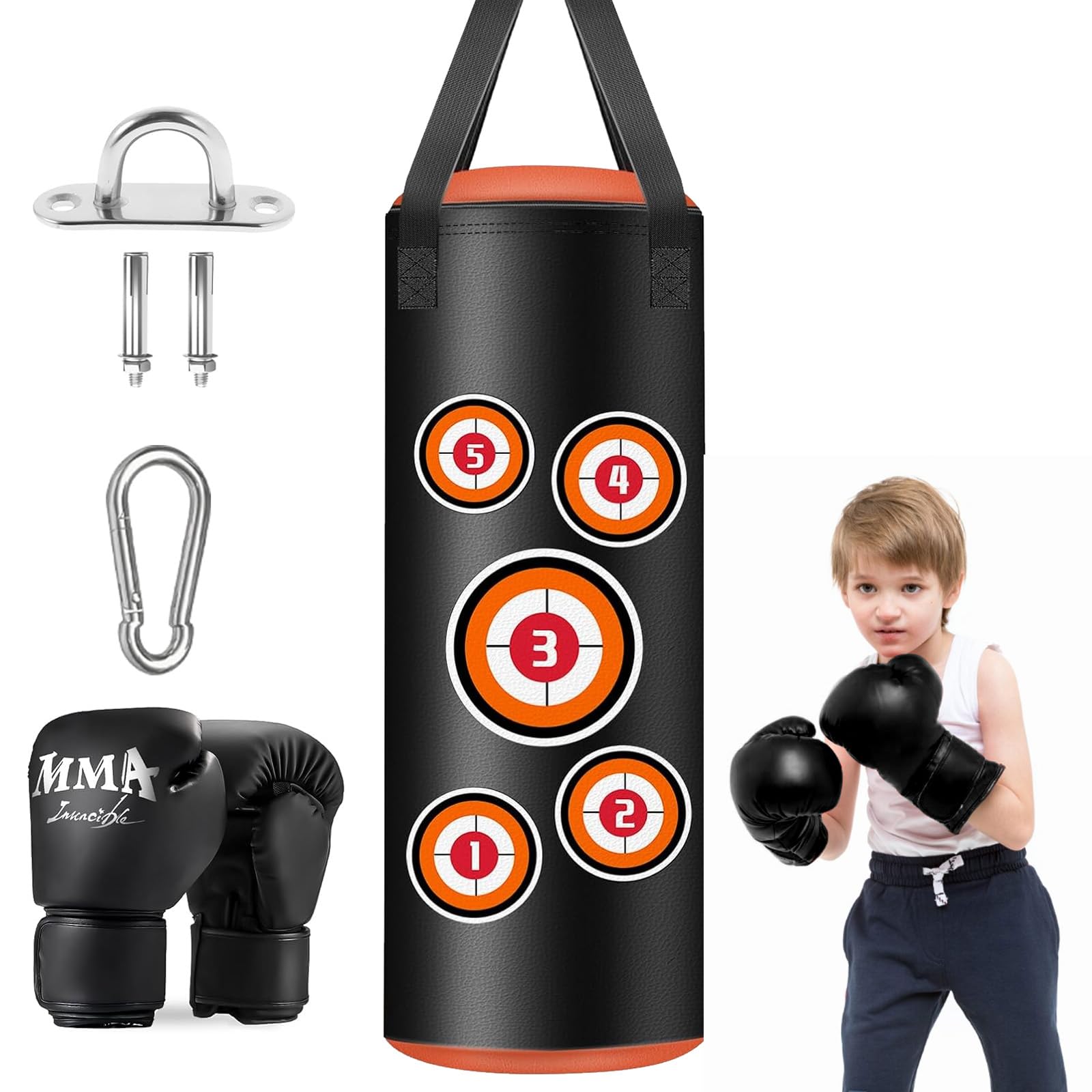 Saco de Boxeo Colgante para Niños, 60cm Sin Relleno Juego Colgante con Guantes, Cadenas y Ganchos de Fijación, Saco de Boxeo de Piel de Microfibra para Entrenamiento Kickboxing Fitness Niños Workout