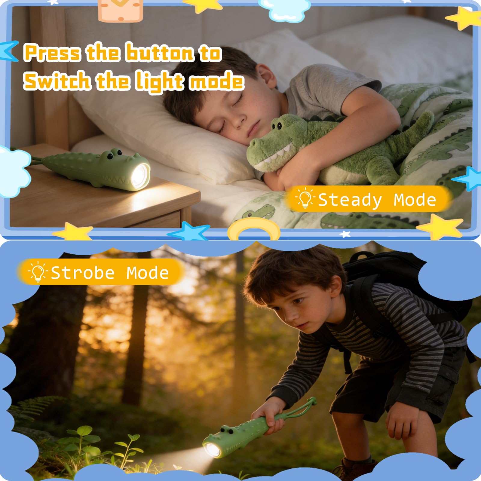 Kinder-Taschenlampe, wiederaufladbar, Silikon, Kleinkind, LED-Taschenlampen mit 2 Modi, Dinosaurier-Spielzeug für Jungen und Mädchen im Alter von 3–12 Jahren, Handheld-Nachtlicht für Camping